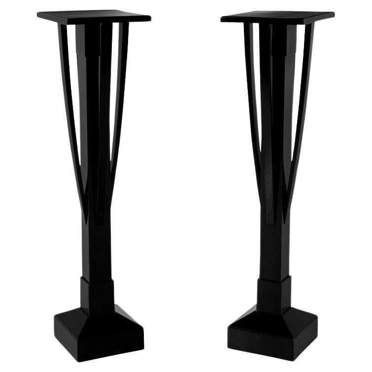 Pair of Black Lacquer Art Deco Pedestal Stands For Sale