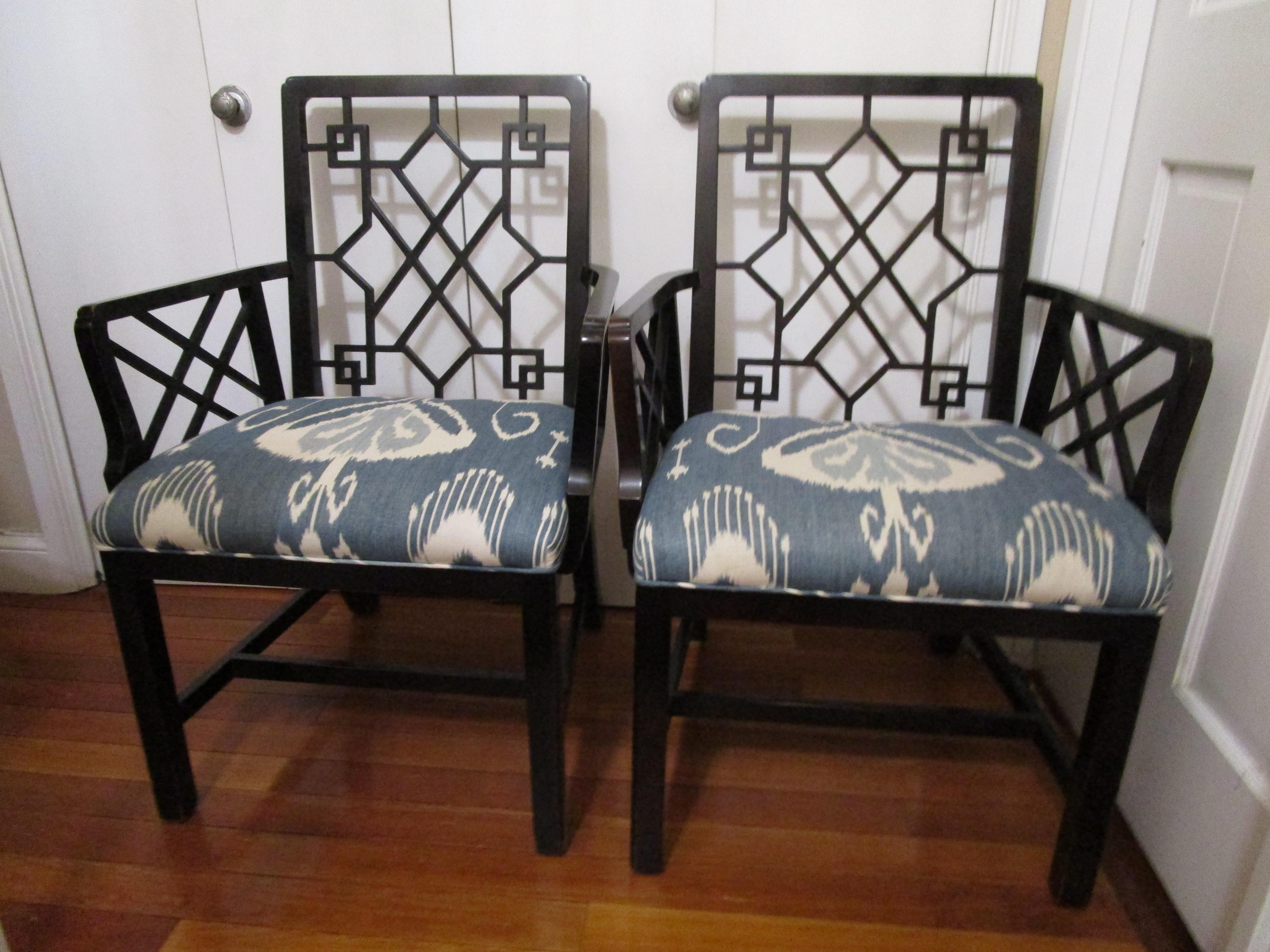 Pair of Black Lacquer Baker Stately Homes Chinese Chippendale Style Armchairs 3