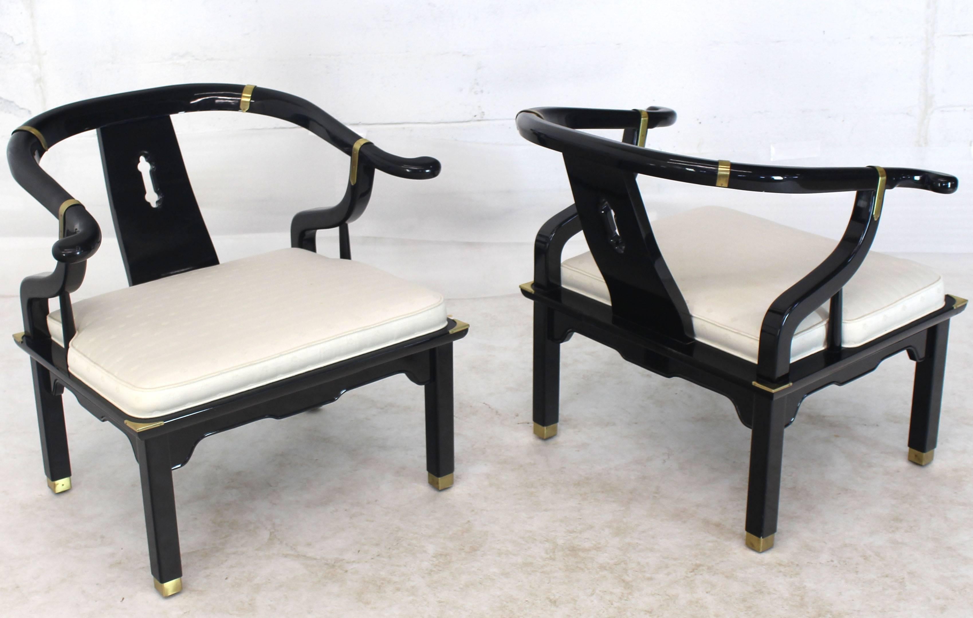 American Pair of Black Lacquer Brass Hardware Horse Shoe Barrel Back Lounge Chairs For Sale