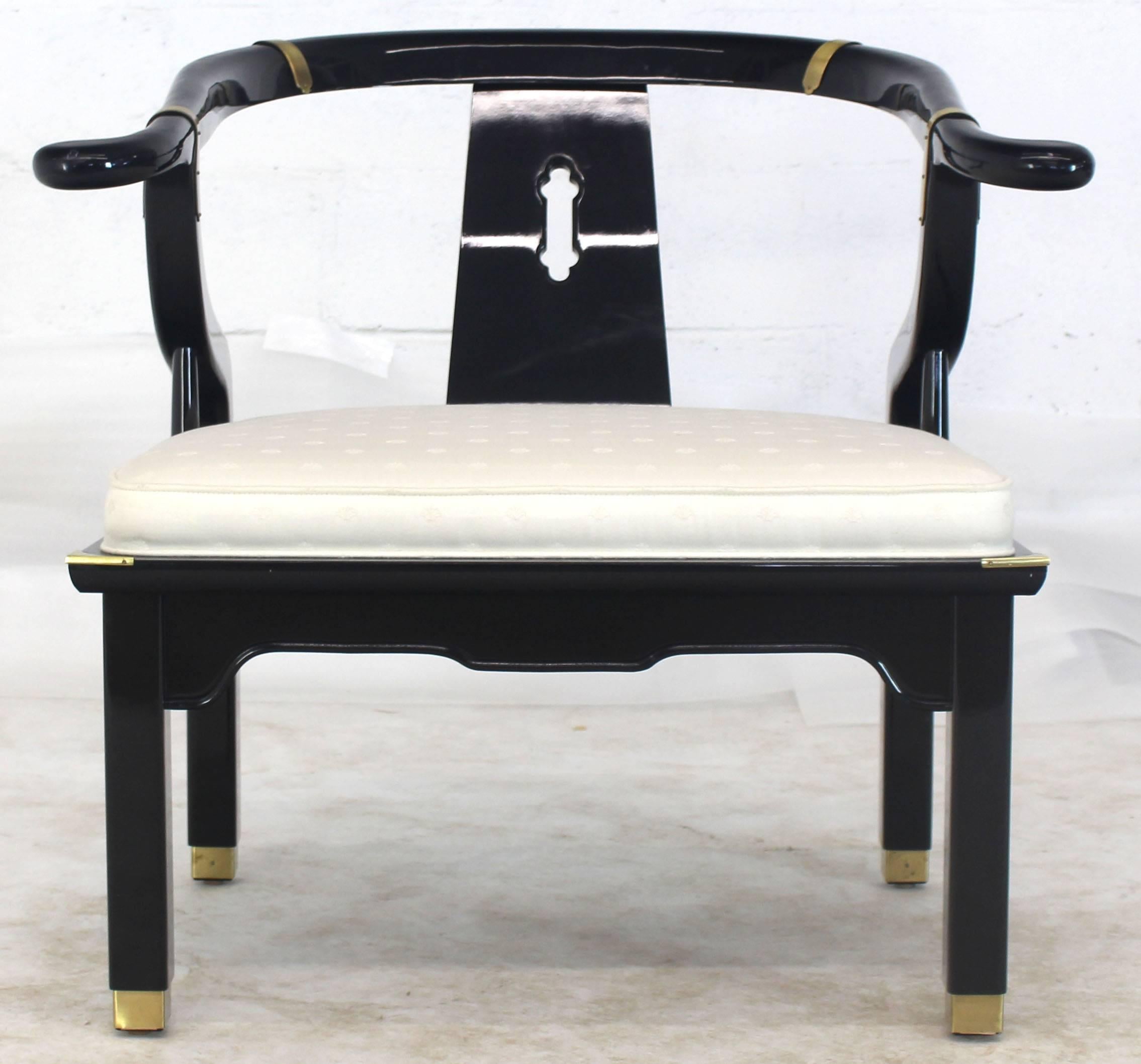 Pair of Black Lacquer Brass Hardware Horse Shoe Barrel Back Lounge Chairs In Excellent Condition For Sale In Rockaway, NJ