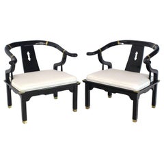 Pair of Black Lacquer Brass Hardware Horse Shoe Barrel Back Lounge Chairs