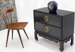 Pair of Black Lacquer Brass Hardware Two Doors Oriental End Tables or Nightstand