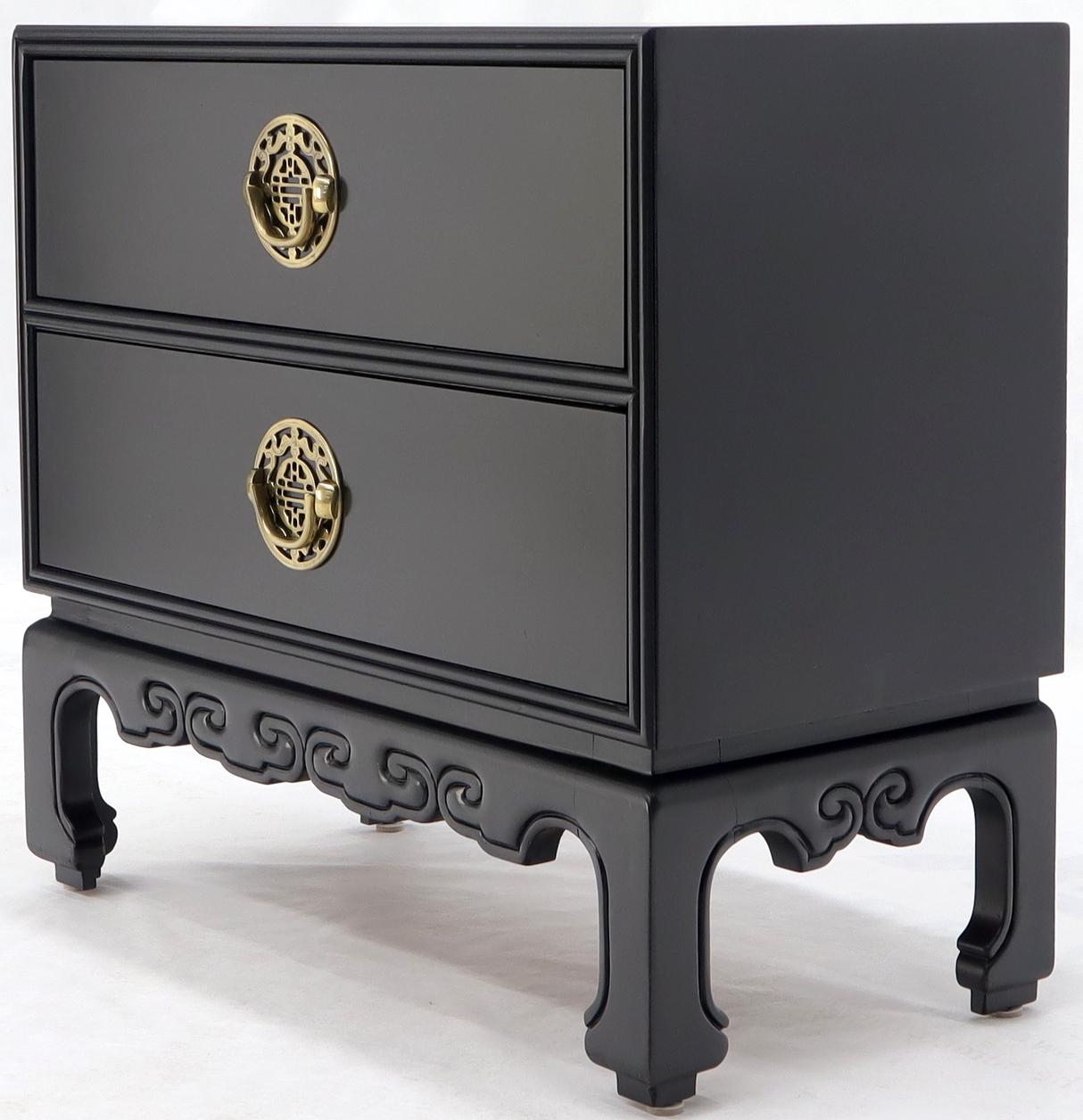American Pair of Black Lacquer Brass Hardware Two Doors Oriental End Tables or Nightstand