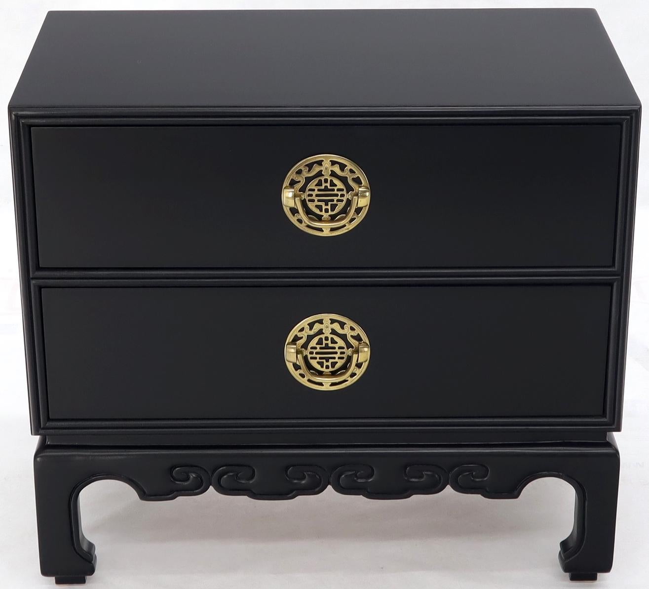 Cast Pair of Black Lacquer Brass Hardware Two Doors Oriental End Tables or Nightstand