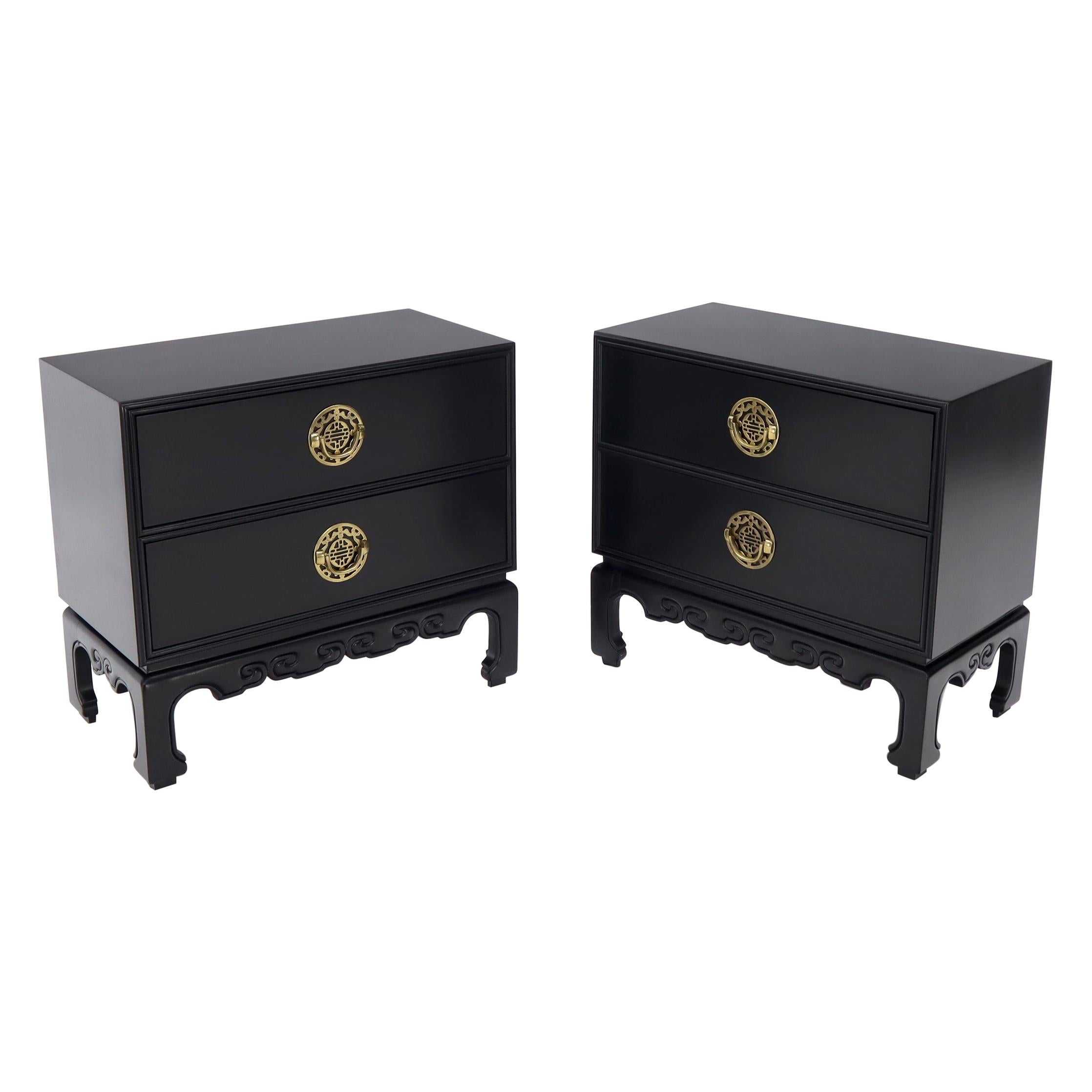 Pair of Black Lacquer Brass Hardware Two Doors Oriental End Tables or Nightstand