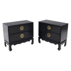 Vintage Pair of Black Lacquer Brass Hardware Two Doors Oriental End Tables or Nightstand