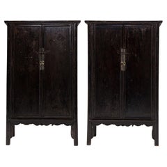 Pair of Black Lacquer Cabinets with Scalloped Aprons