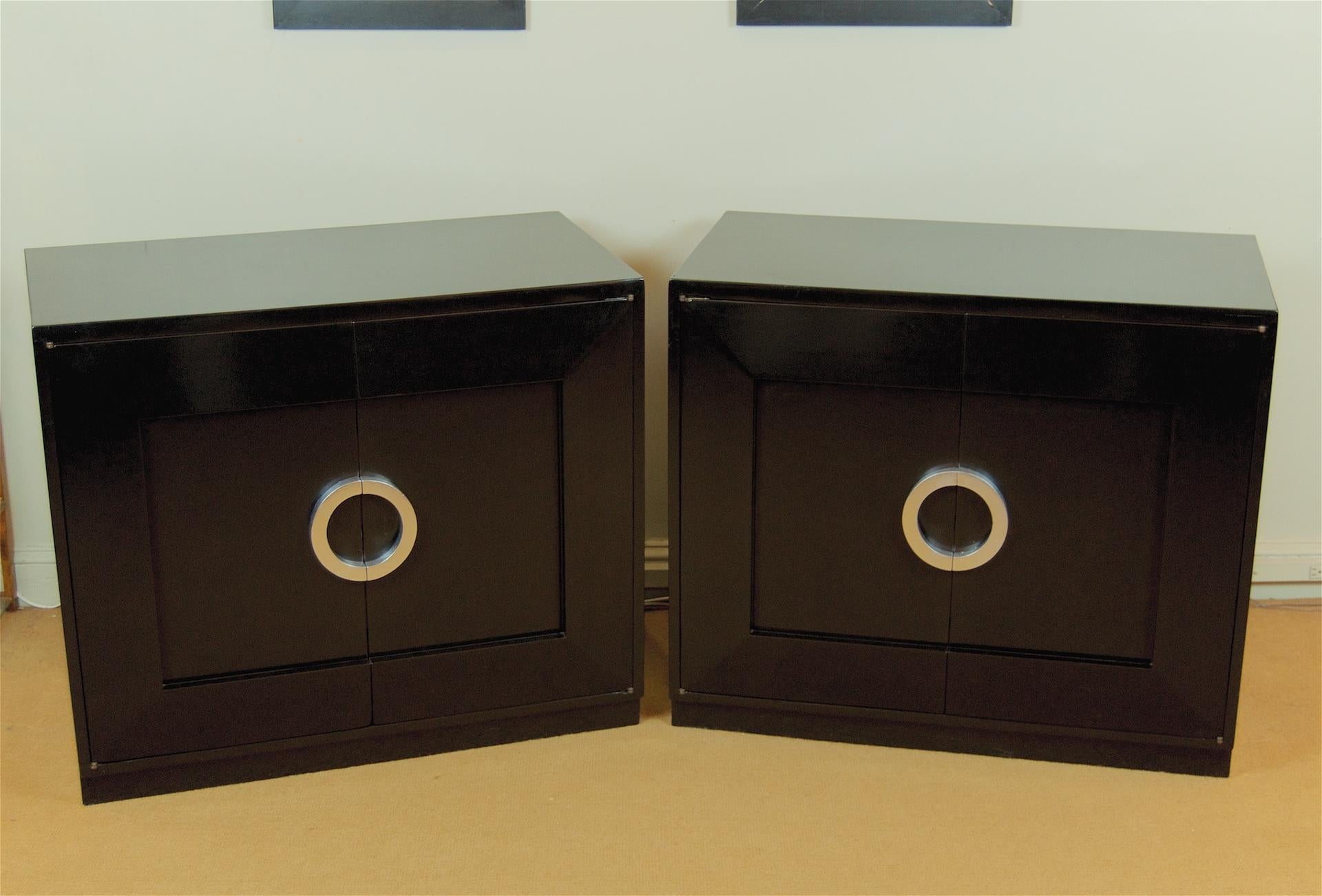 Mid-Century Modern Pair of Black Lacquer Chests with Silver Leaf Handles