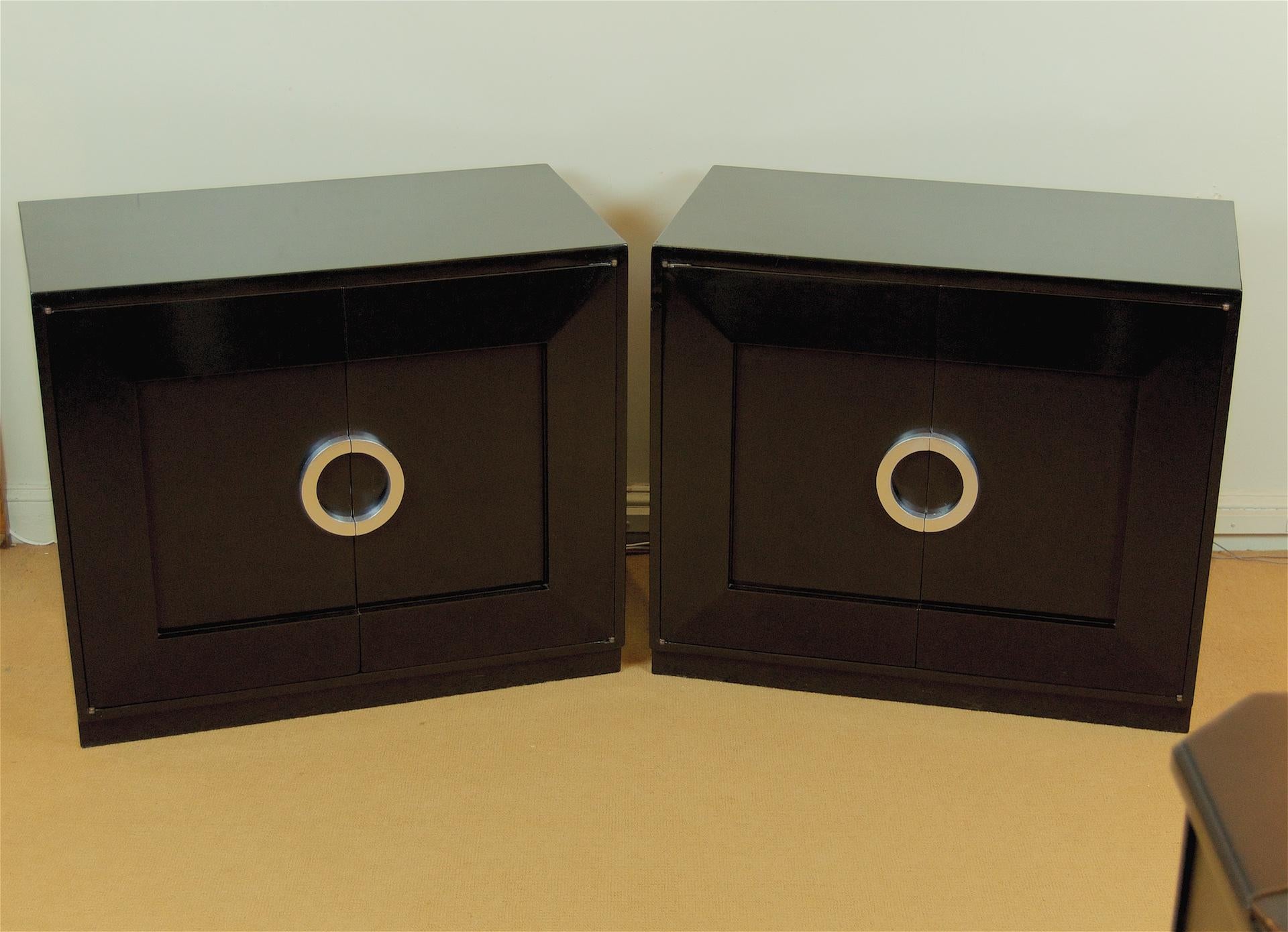 American Pair of Black Lacquer Chests with Silver Leaf Handles