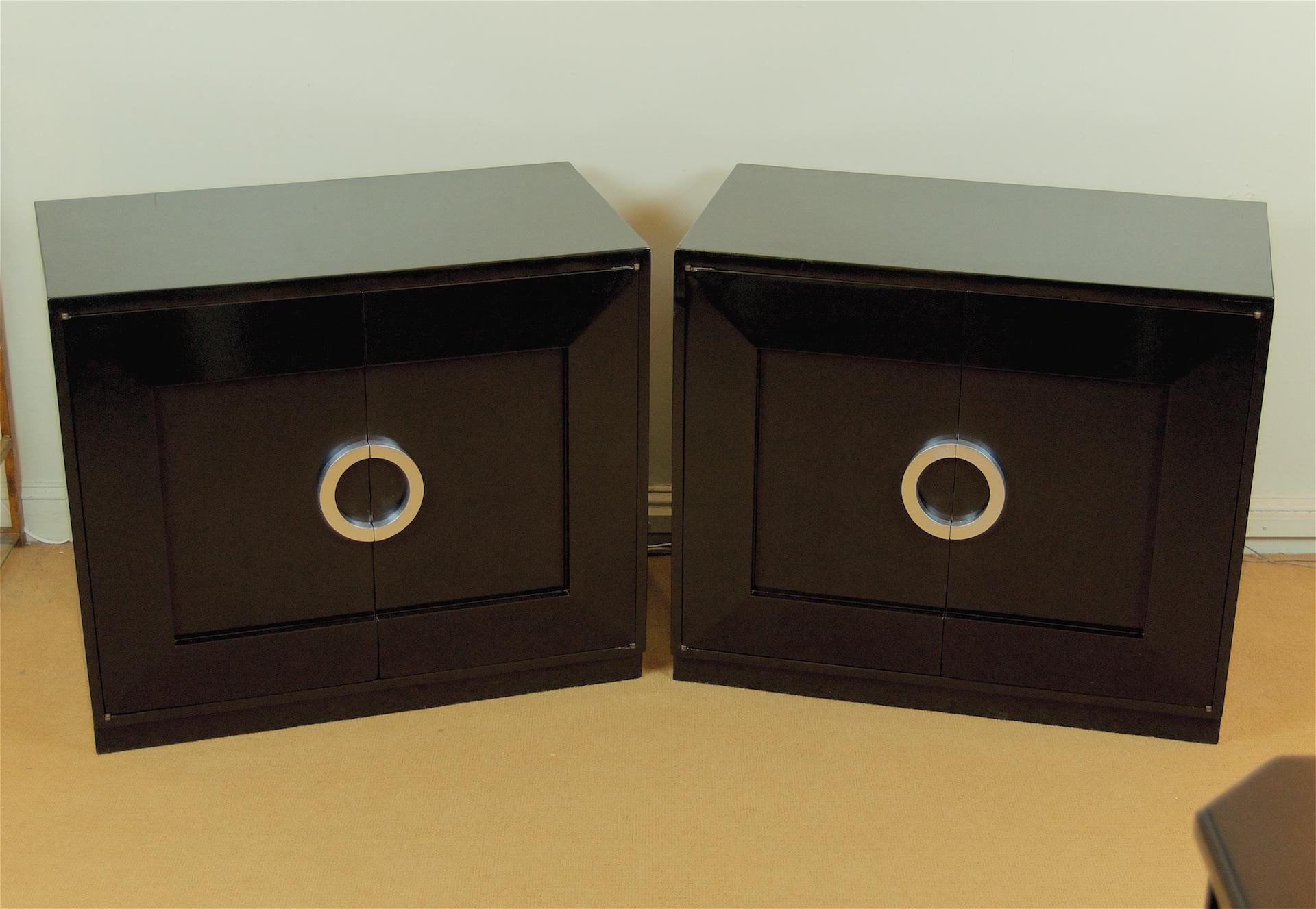 Lacquered Pair of Black Lacquer Chests with Silver Leaf Handles