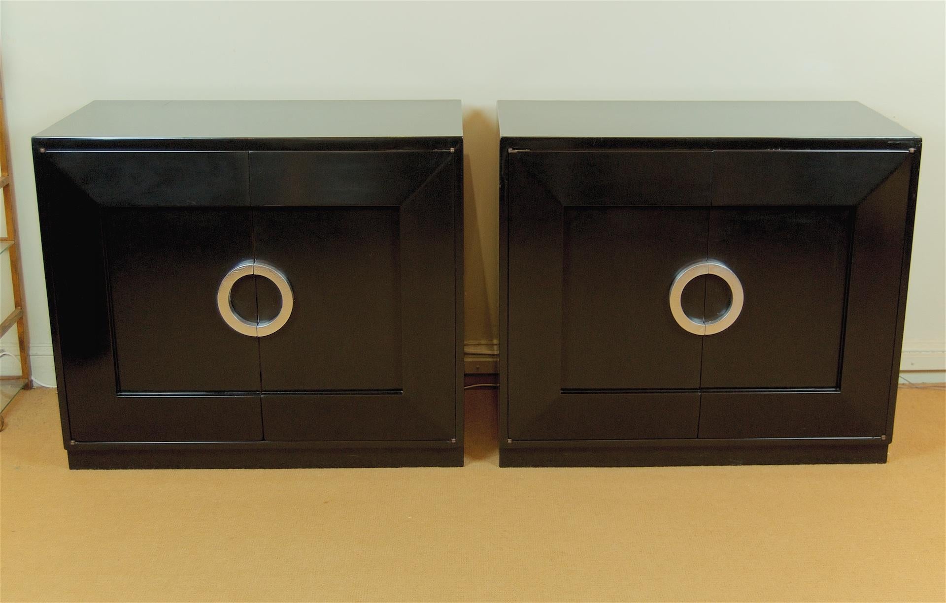 Pair of Black Lacquer Chests with Silver Leaf Handles In Excellent Condition In Stamford, CT