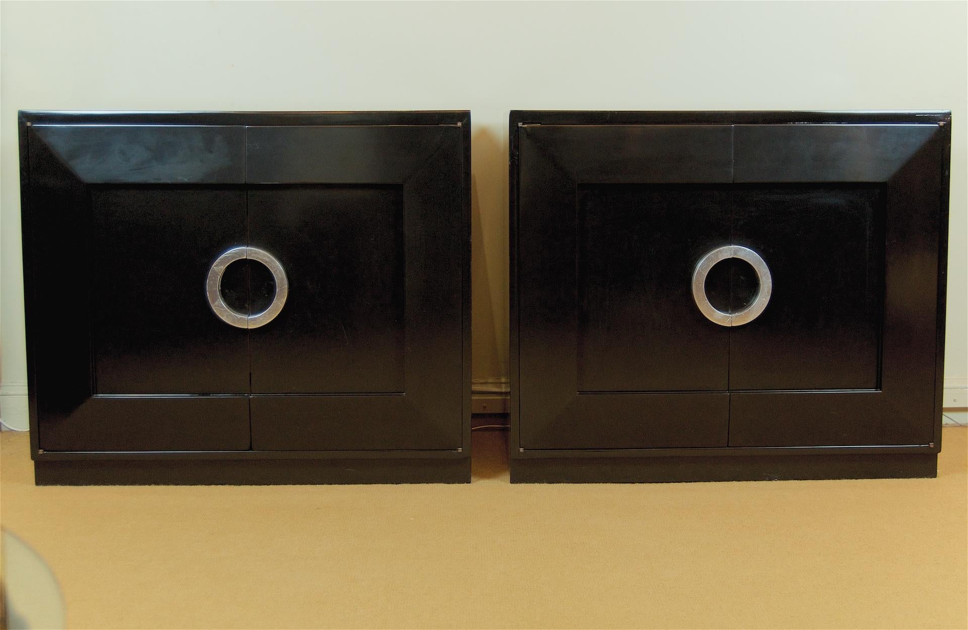 Mid-20th Century Pair of Black Lacquer Chests with Silver Leaf Handles