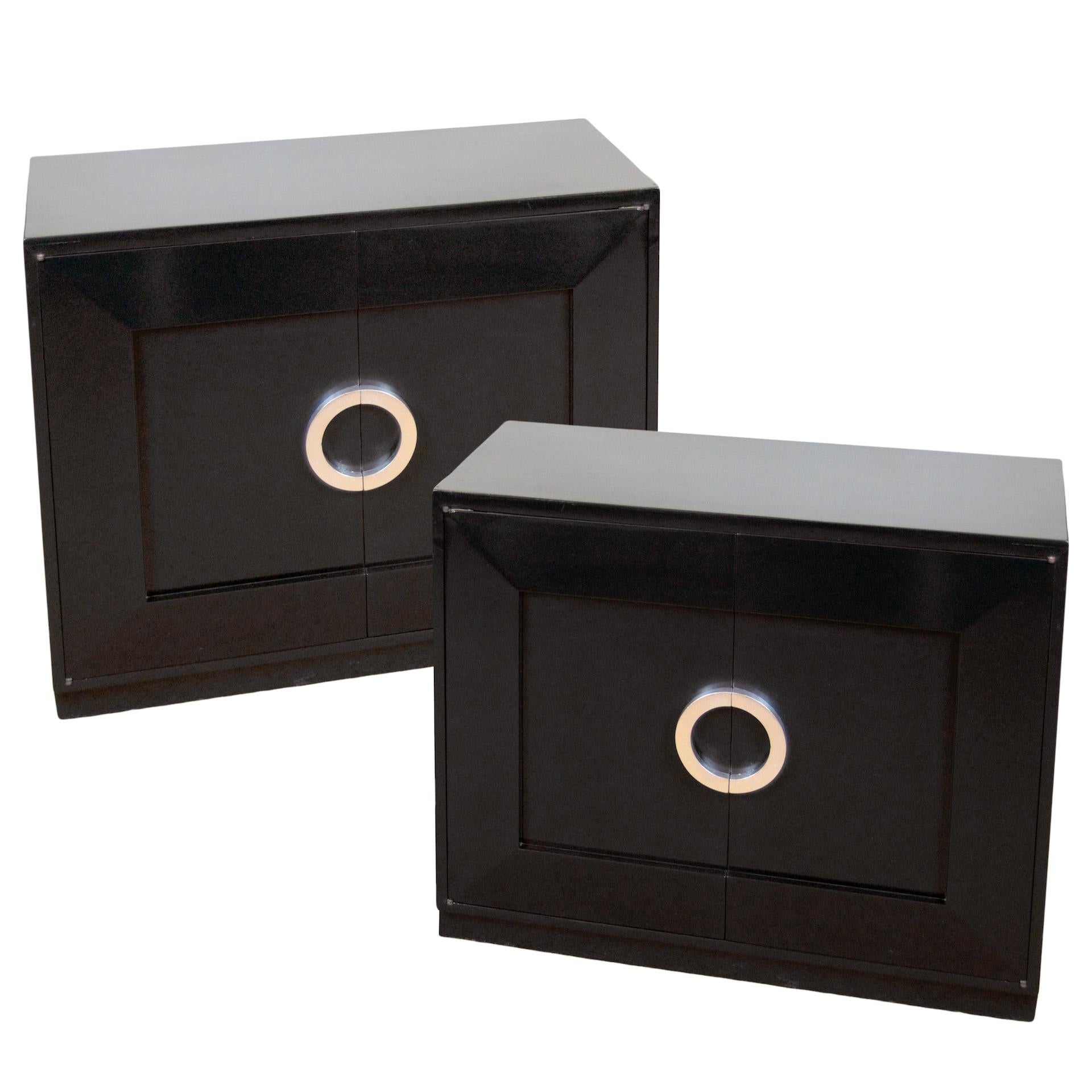 Pair of Black Lacquer Chests with Silver Leaf Handles