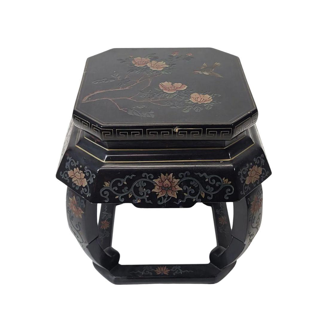 Paar schwarz lackierte Chinoiserie-Hocker mit Details (20. Jahrhundert) im Angebot