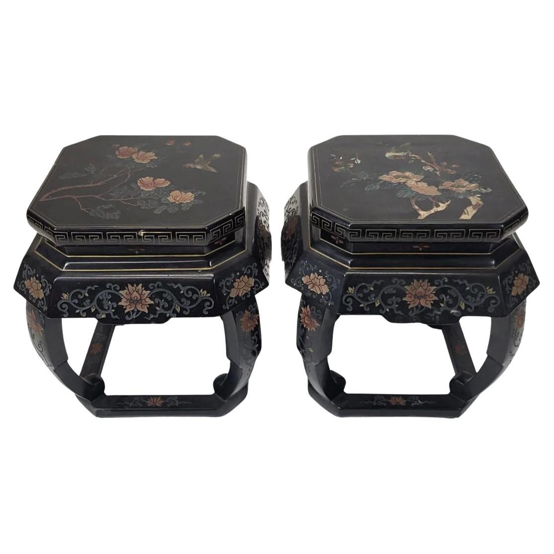 Pair of Black Lacquer Chinoiserie Detailed Stools