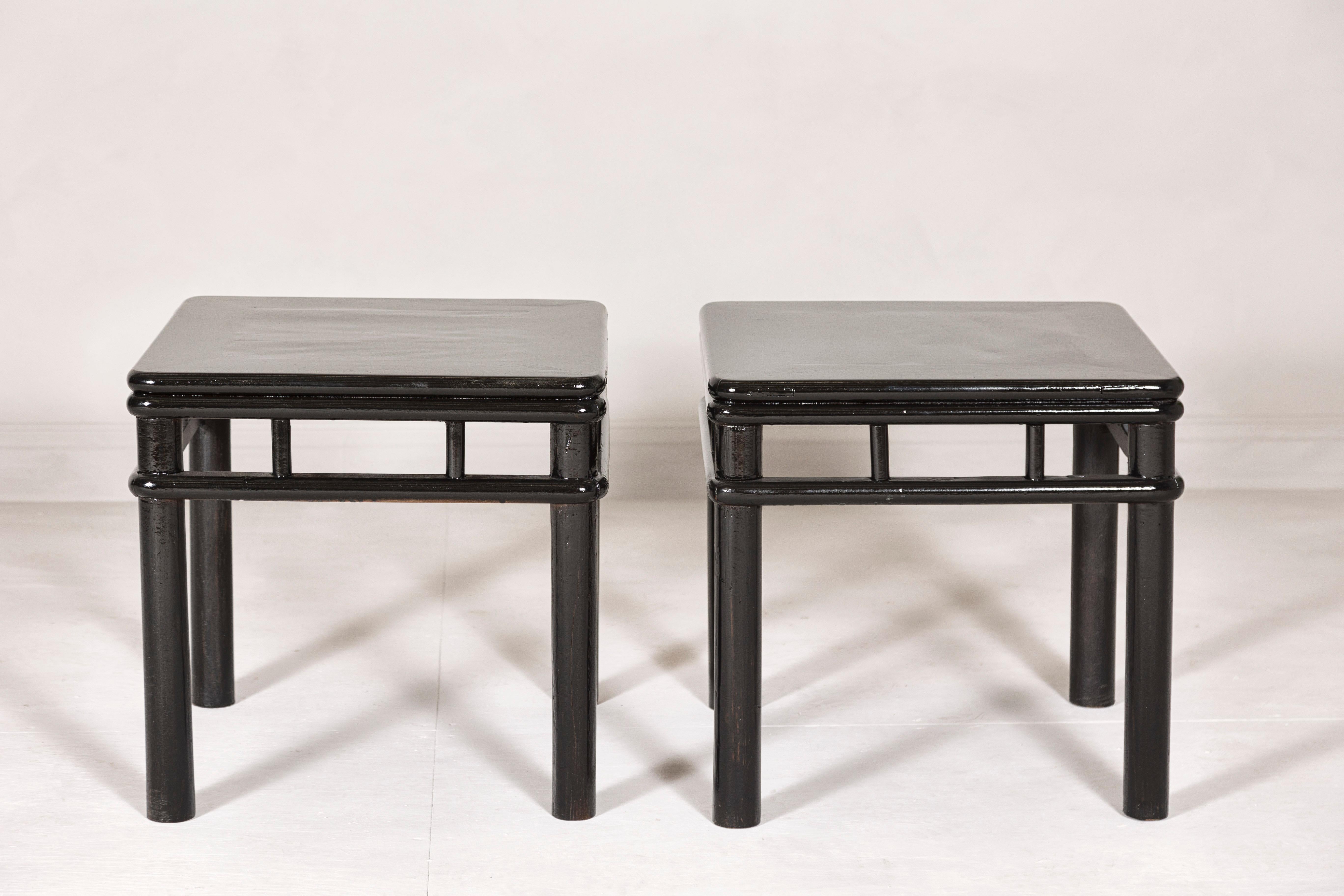 Pair of Black Lacquer Drinks Tables with Open Stretcher and Cylindrical Legs For Sale 5