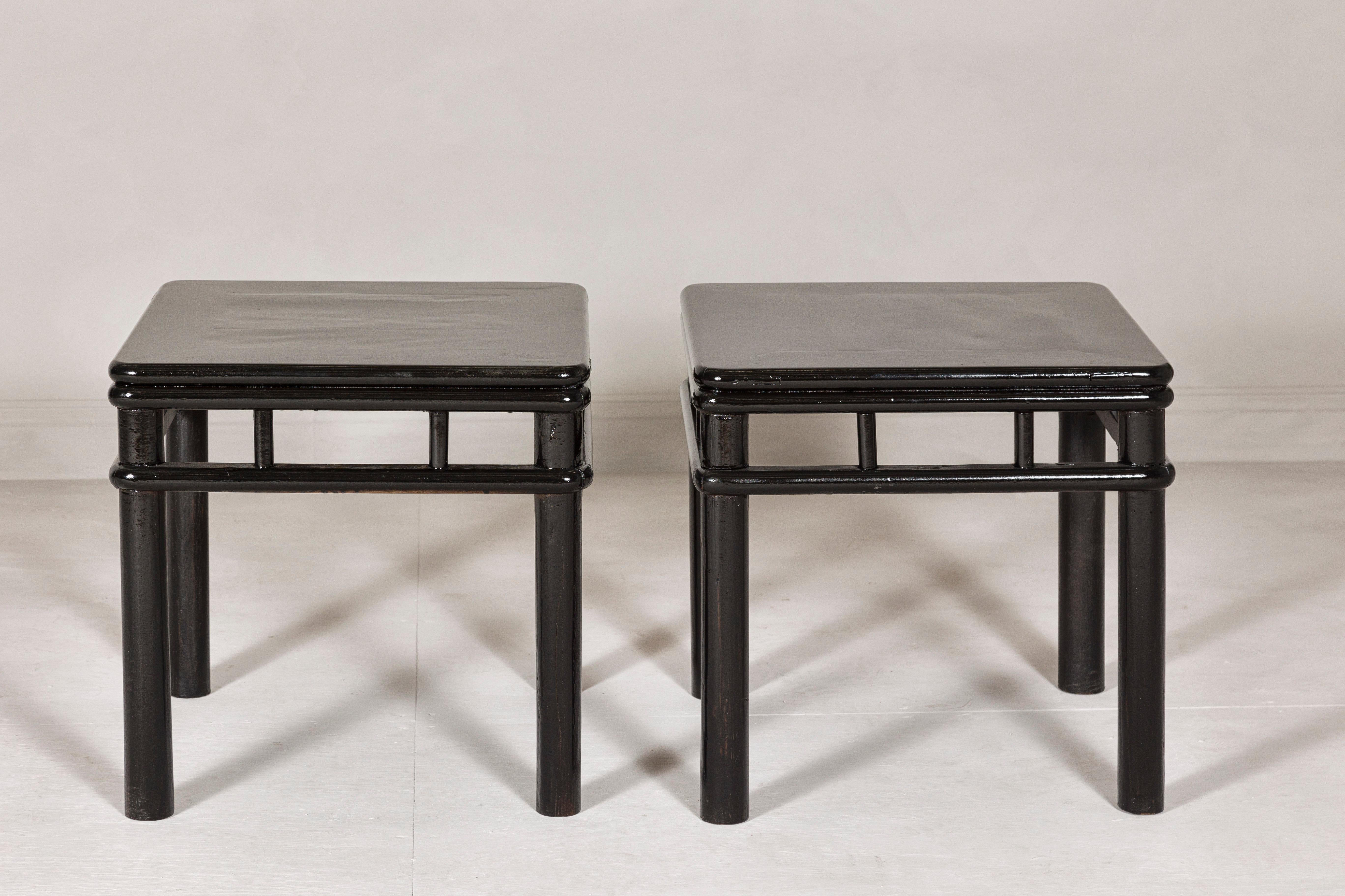 Pair of Black Lacquer Drinks Tables with Open Stretcher and Cylindrical Legs For Sale 6
