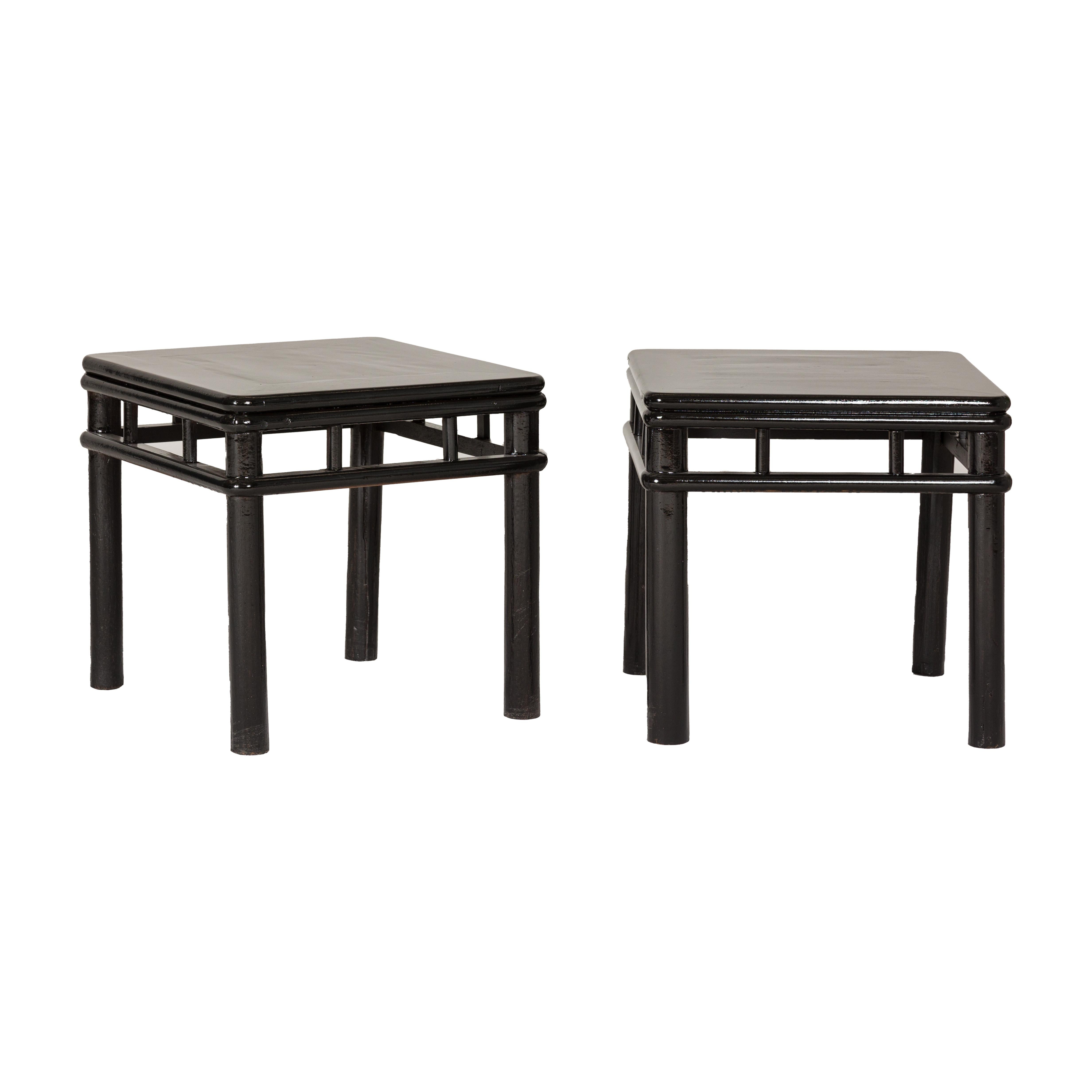 Pair of Black Lacquer Drinks Tables with Open Stretcher and Cylindrical Legs For Sale 8
