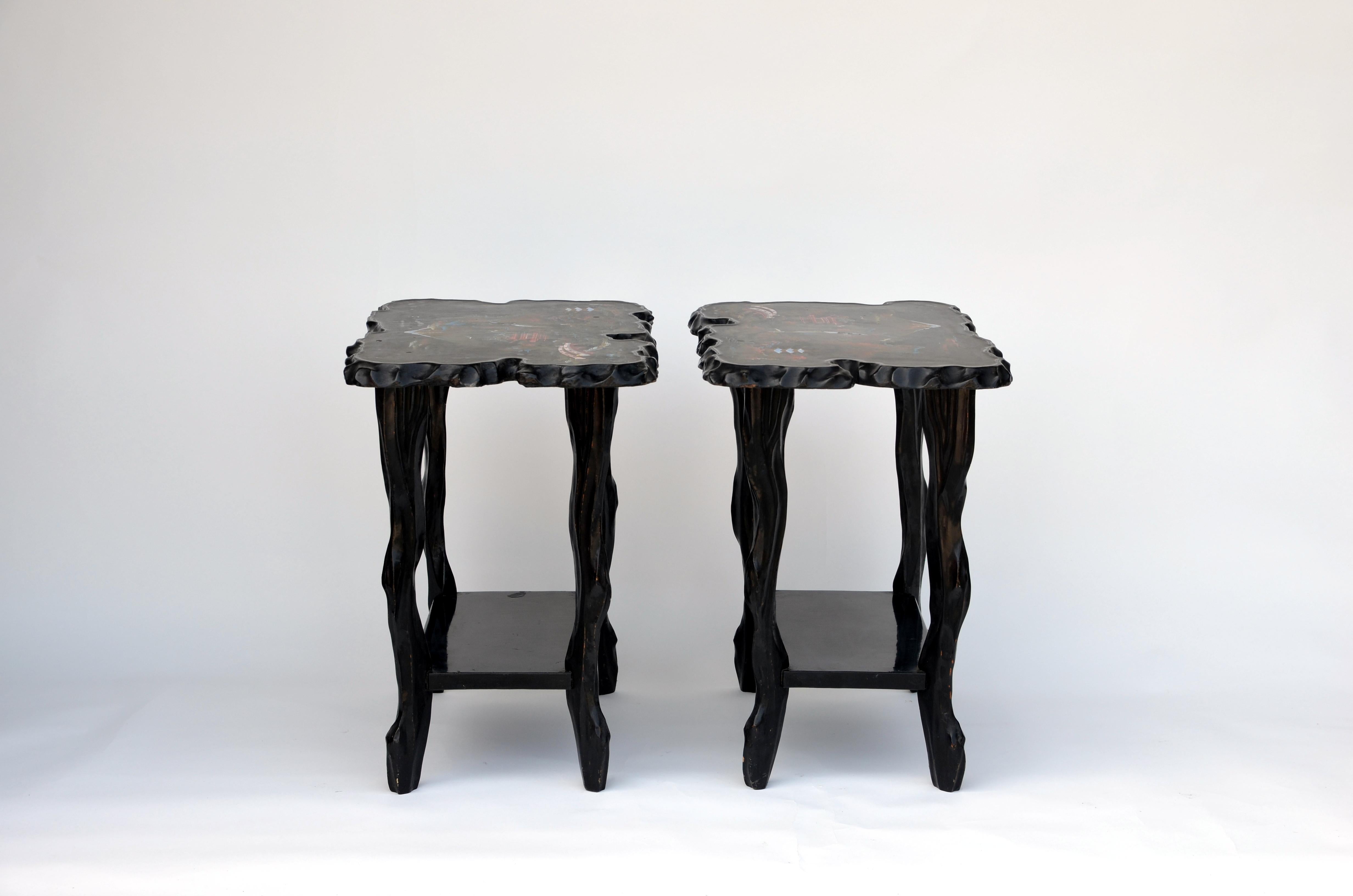 Pair of black lacquer ebonized and inlaid wood organic end tables. Also great as nightstands.