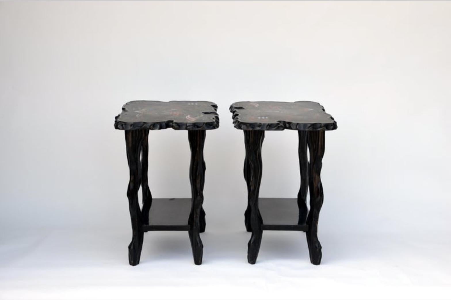 Pair of black lacquer ebonized and inlaid wood organic end tables. Also great as nightstands.