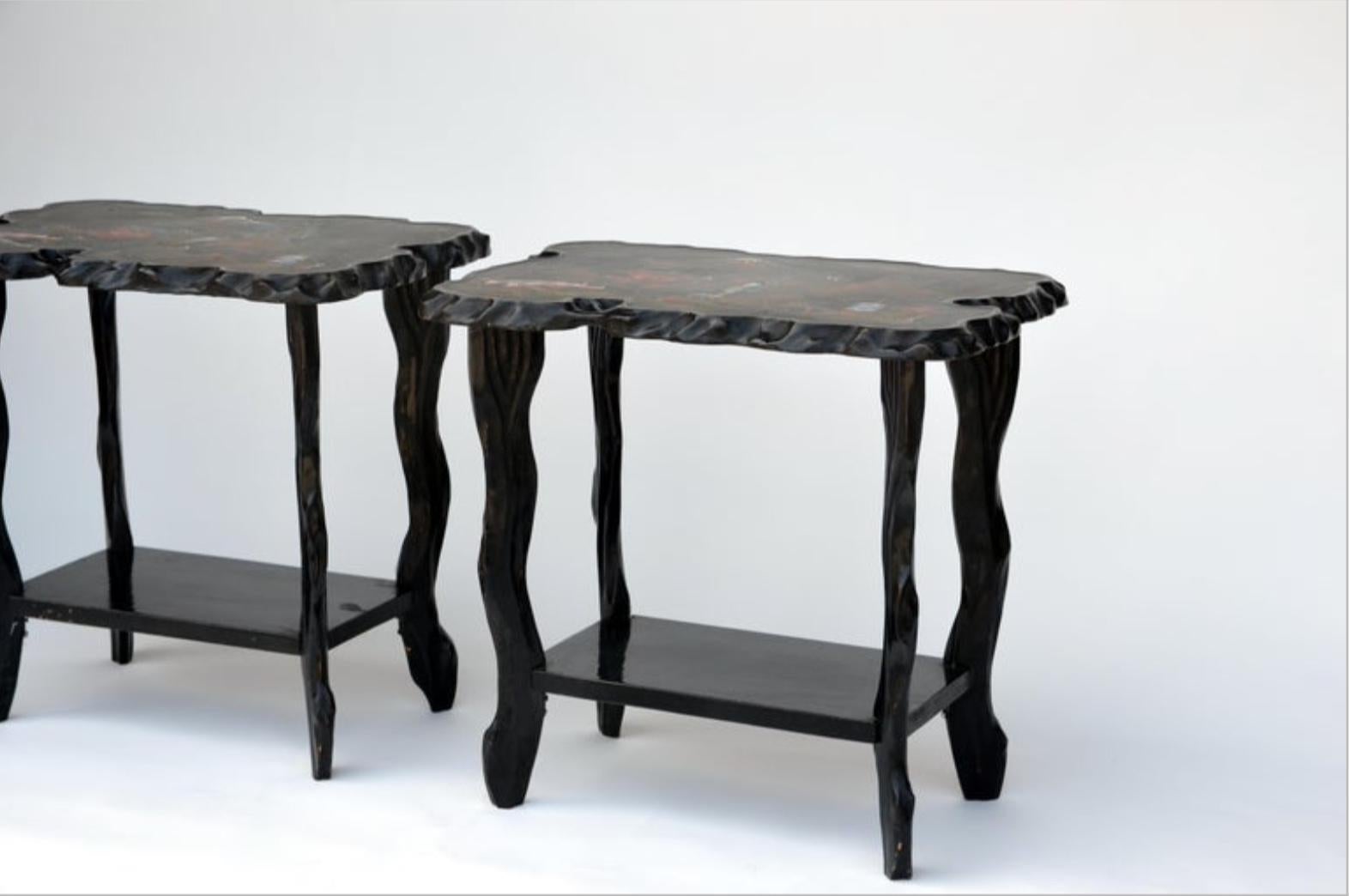 Japonisme Pair of Black Lacquer Ebonized and Inlaid Wood Organic End Tables For Sale