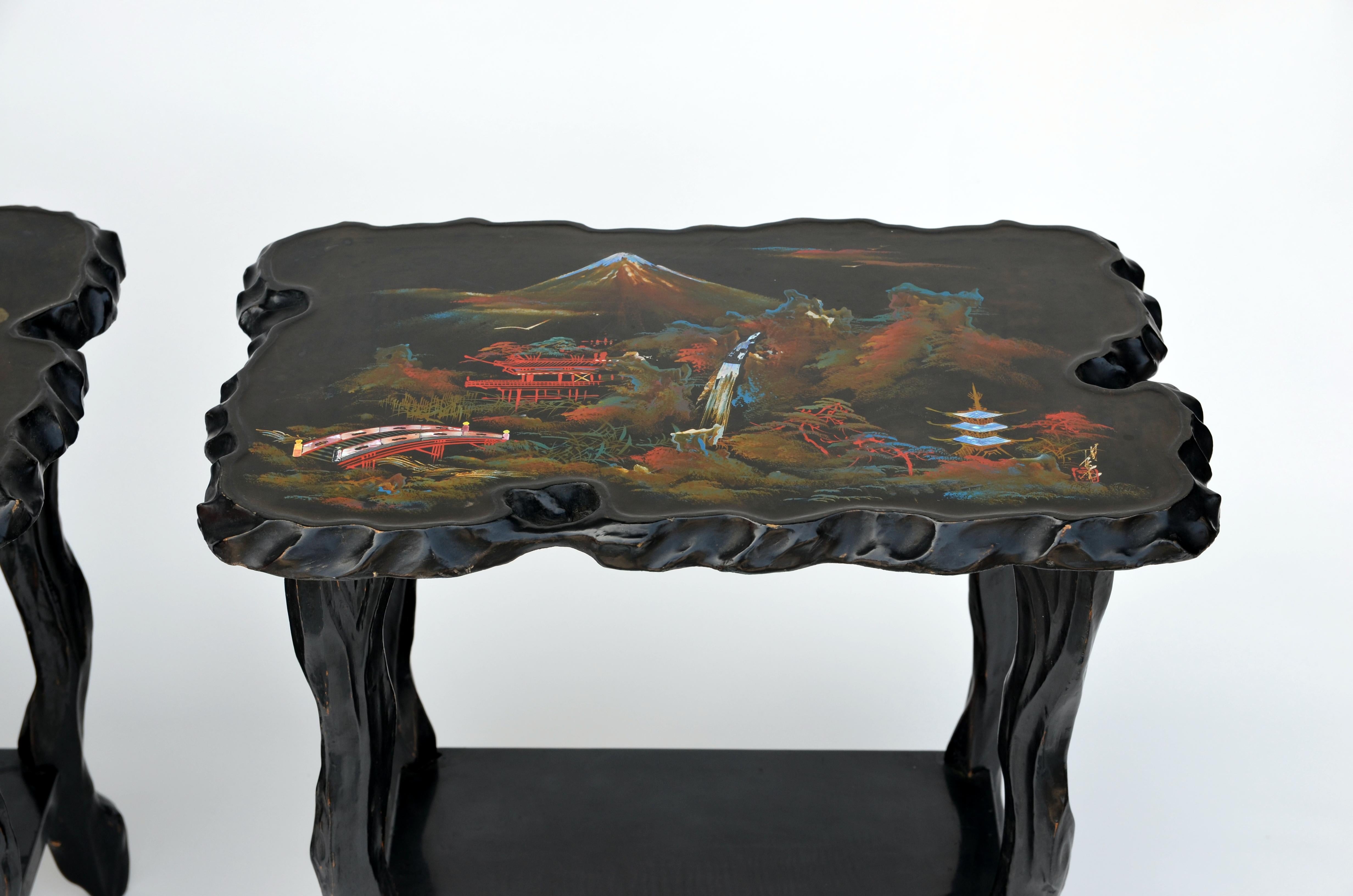 Japanese Pair of Black Lacquer Ebonized and Inlaid Wood Organic End Tables For Sale