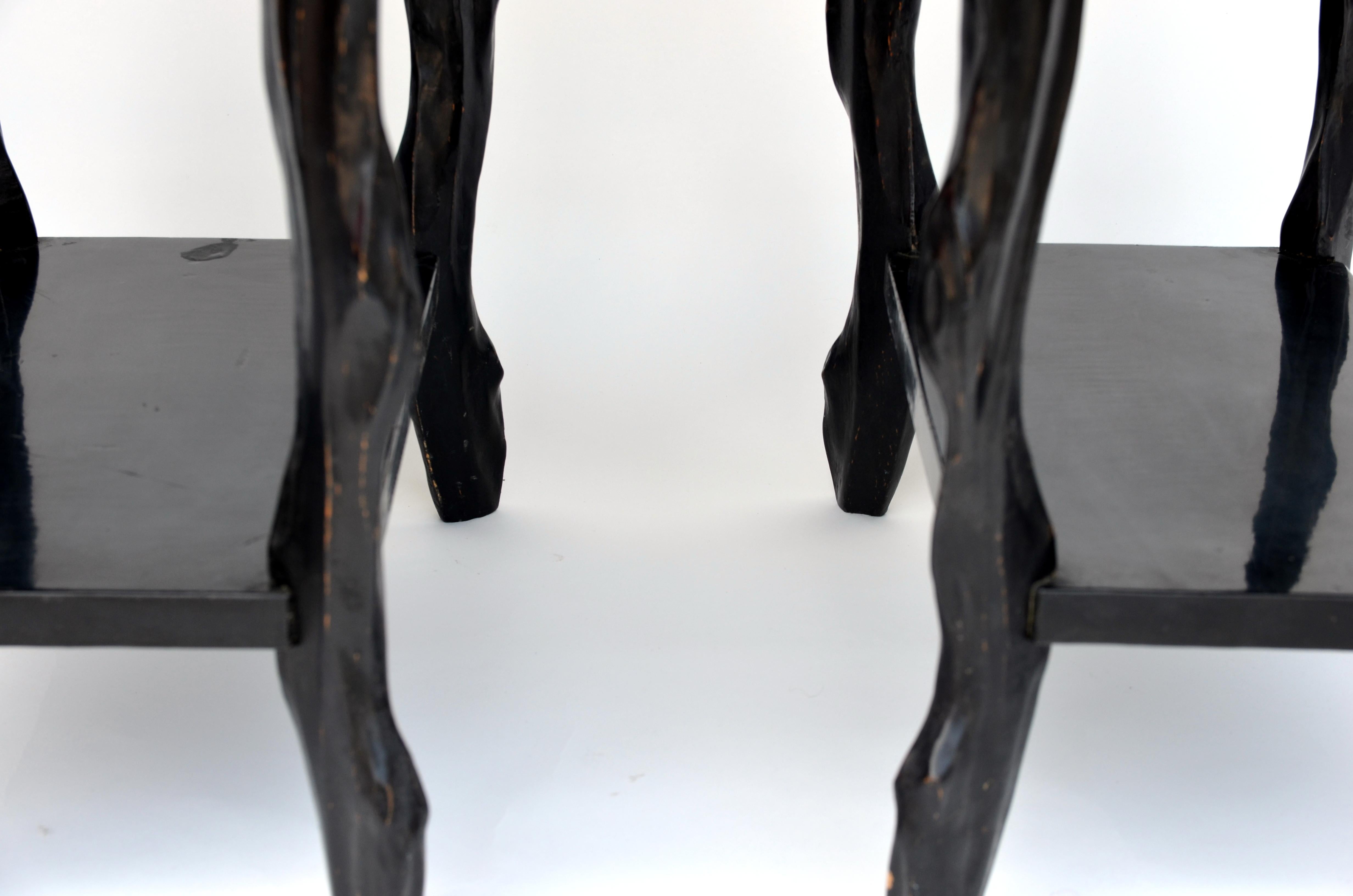 Lacquered Pair of Black Lacquer Ebonized and Inlaid Wood Organic End Tables For Sale