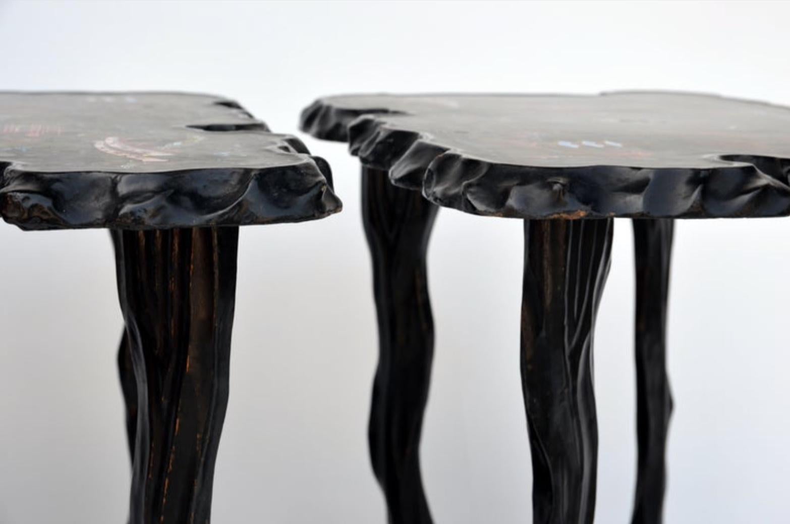 Hardwood Pair of Black Lacquer Ebonized and Inlaid Wood Organic End Tables For Sale