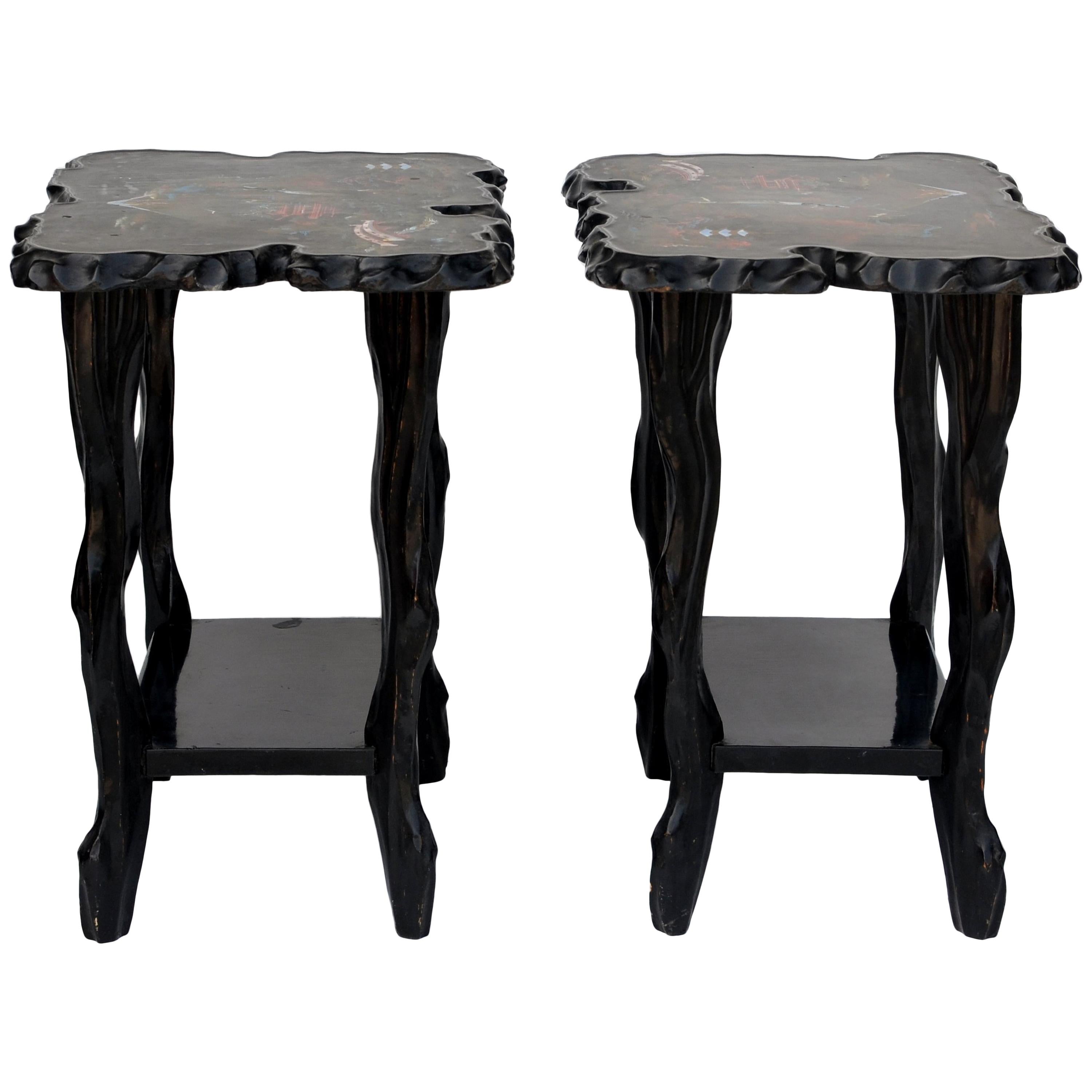 Pair of Black Lacquer Ebonized and Inlaid Wood Organic End Tables