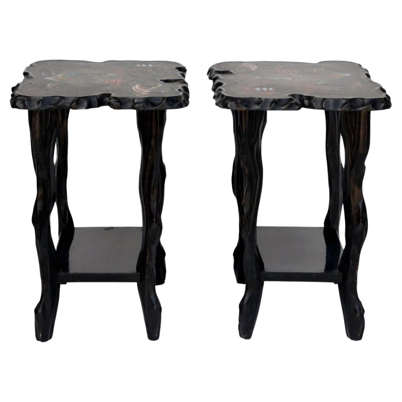 Pair of Black Lacquer Ebonized and Inlaid Wood Organic End Tables For Sale
