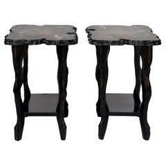 Vintage Pair of Black Lacquer Ebonized and Inlaid Wood Organic End Tables