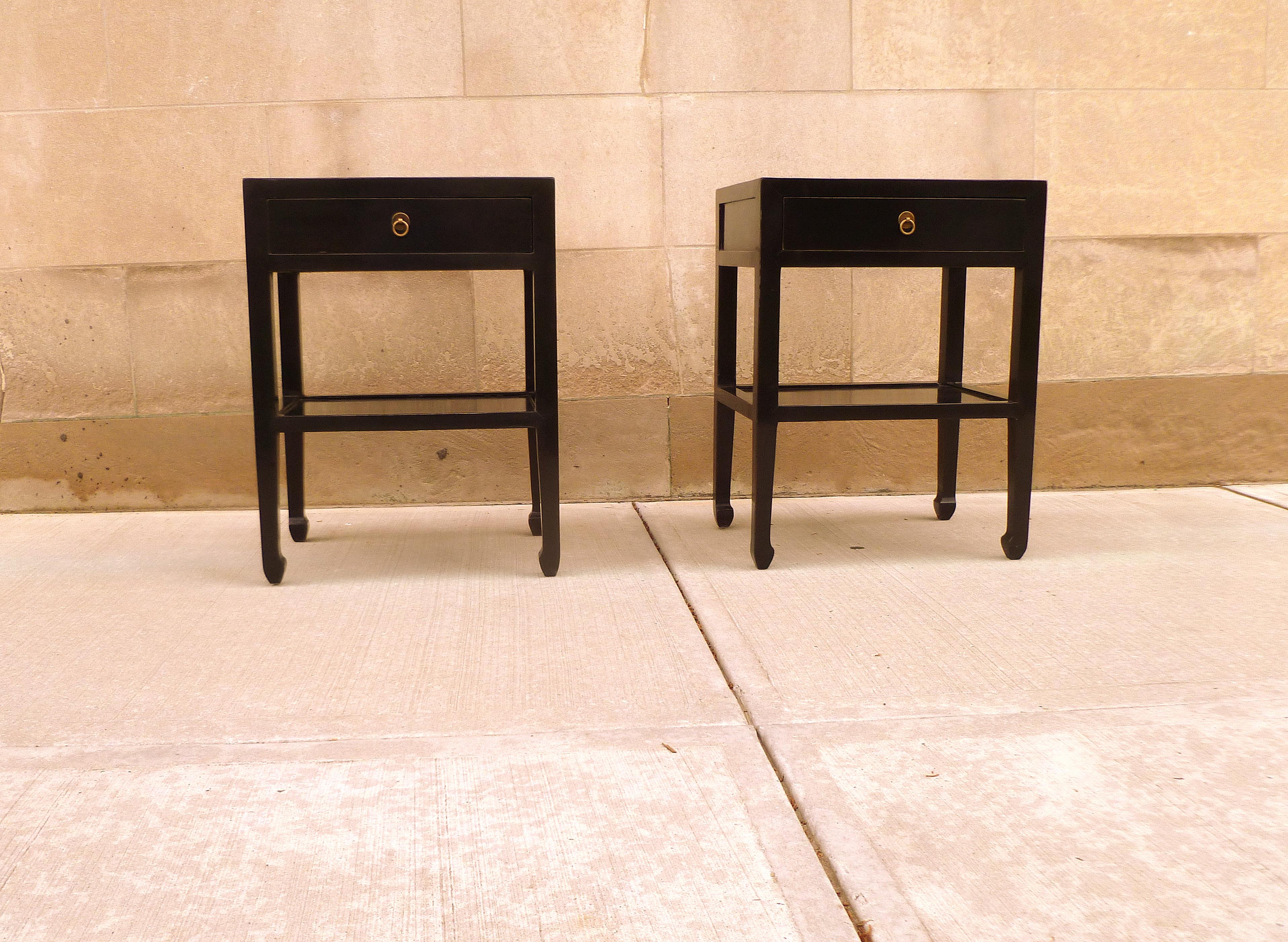 Polished Pair of Black Lacquer End Tables