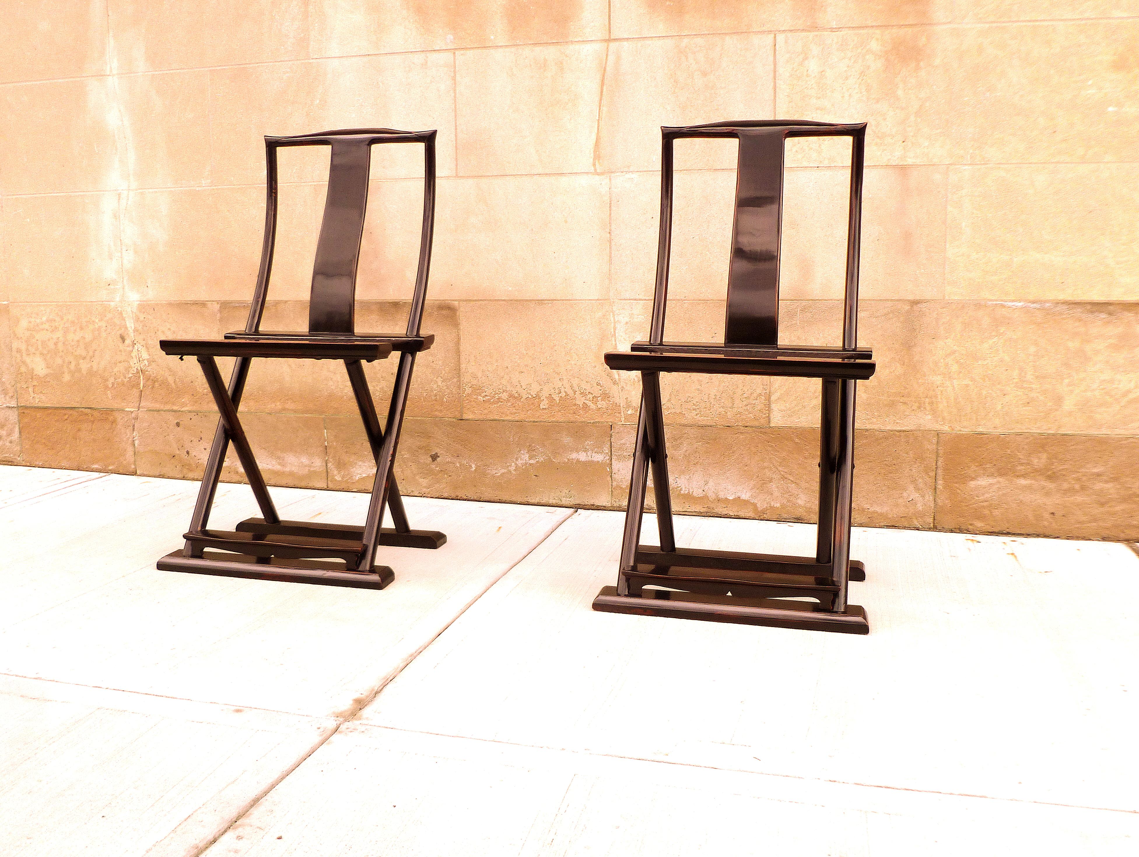 Chinese Pair of Black Lacquer Folding Chairs