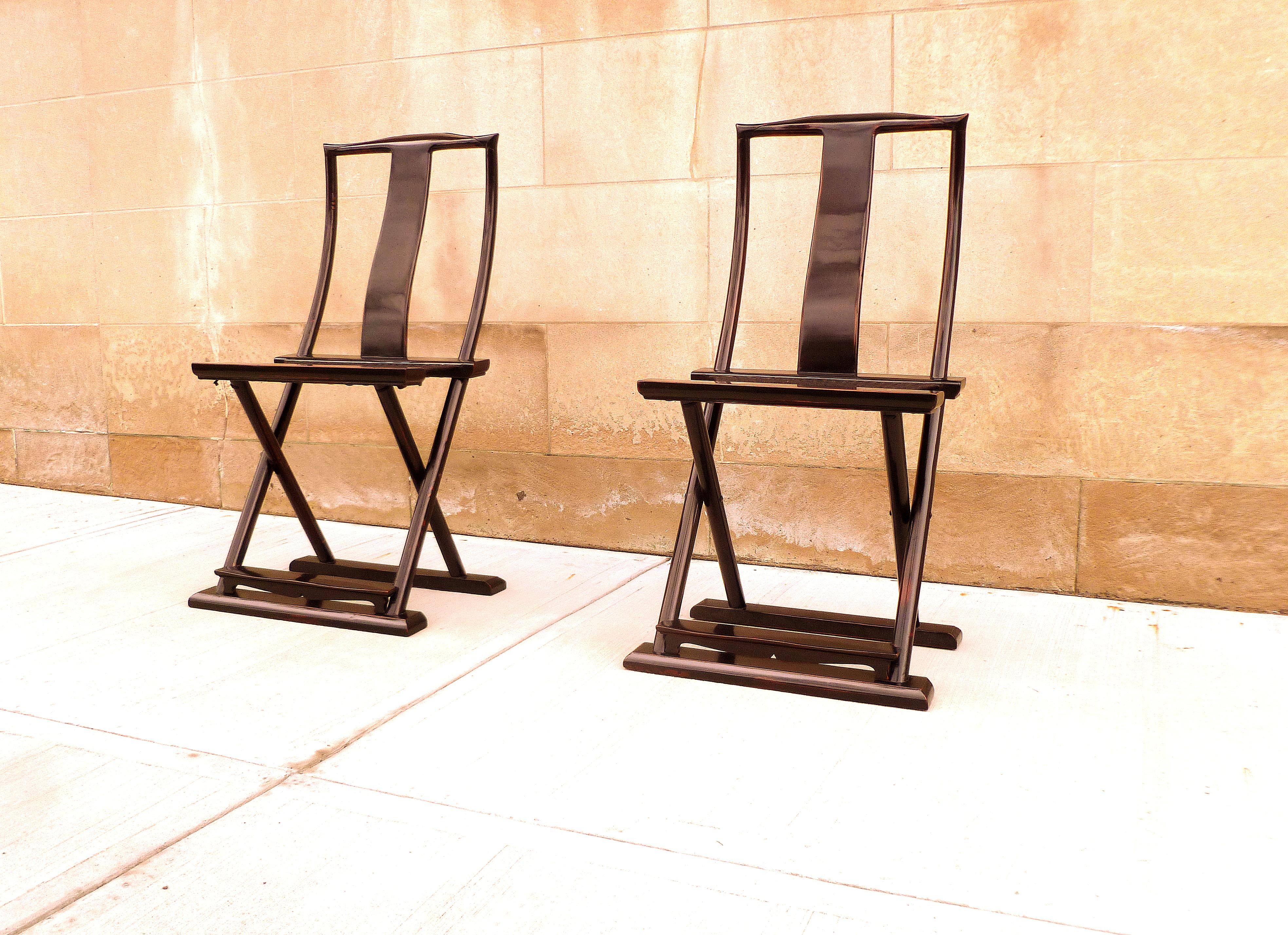 Polished Pair of Black Lacquer Folding Chairs