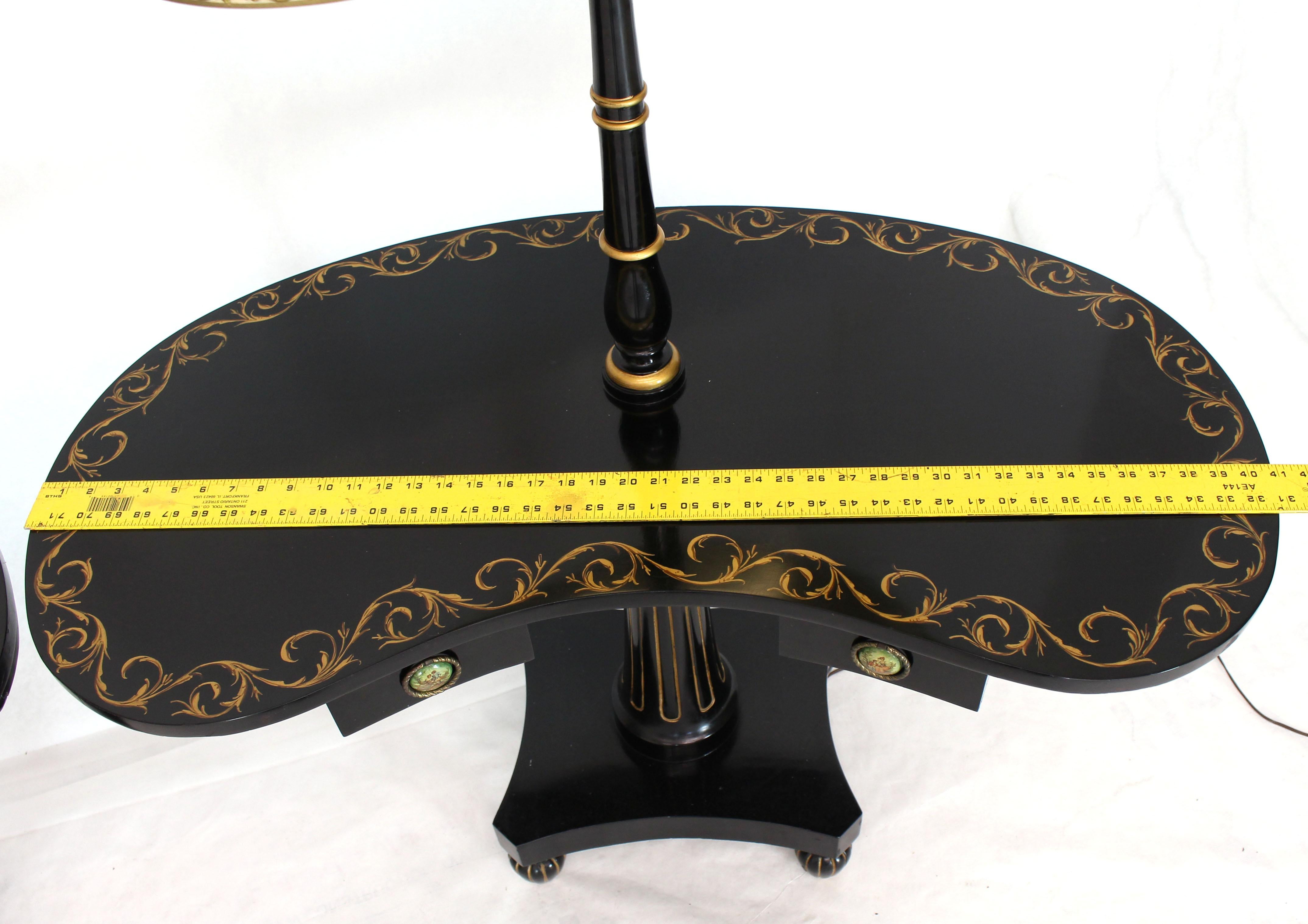 Pair of Black Lacquer Gold Decorated Kidney Shape Deco Floor Lamps Side Tables For Sale 4