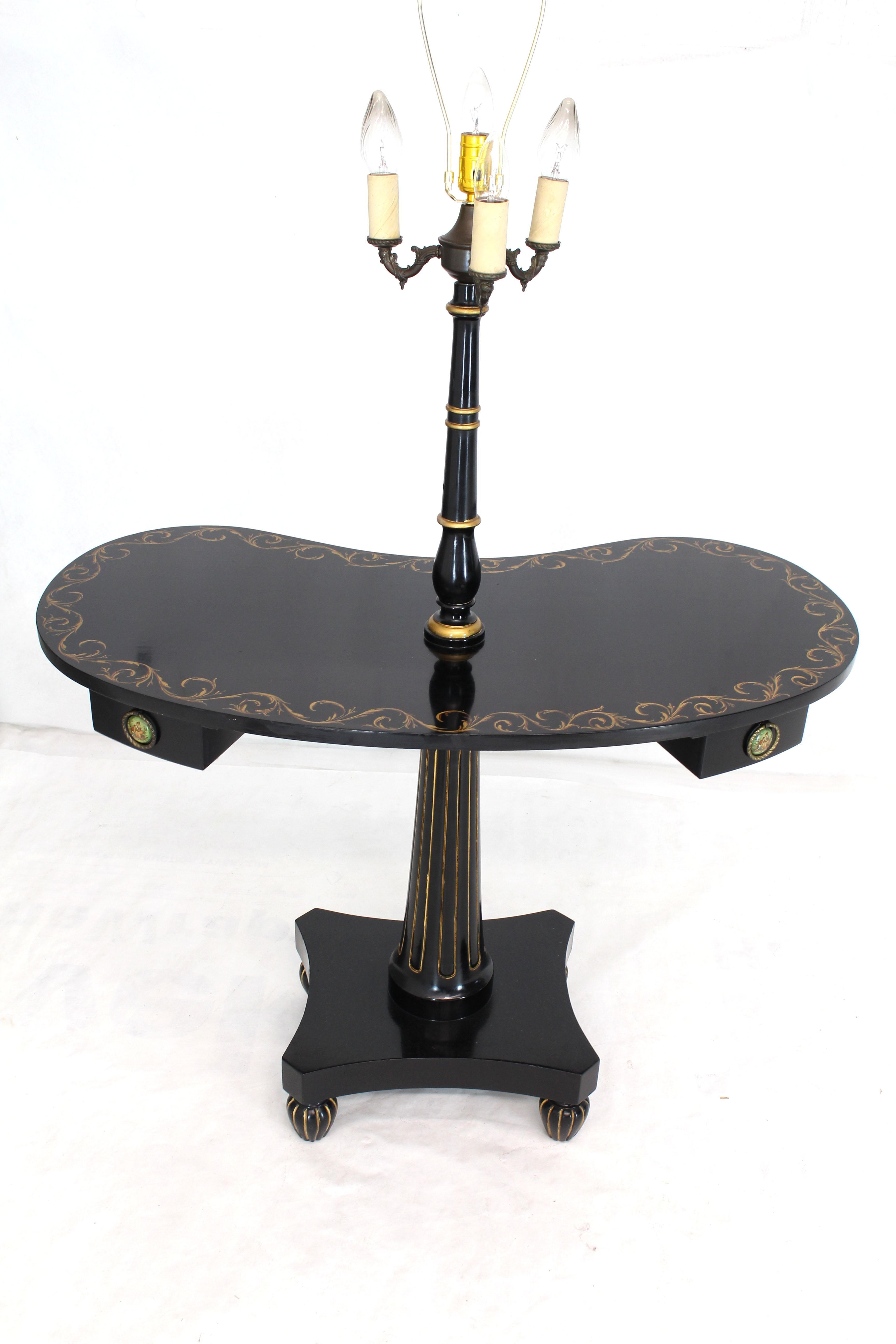 Pair of Black Lacquer Gold Decorated Kidney Shape Deco Floor Lamps Side Tables For Sale 5