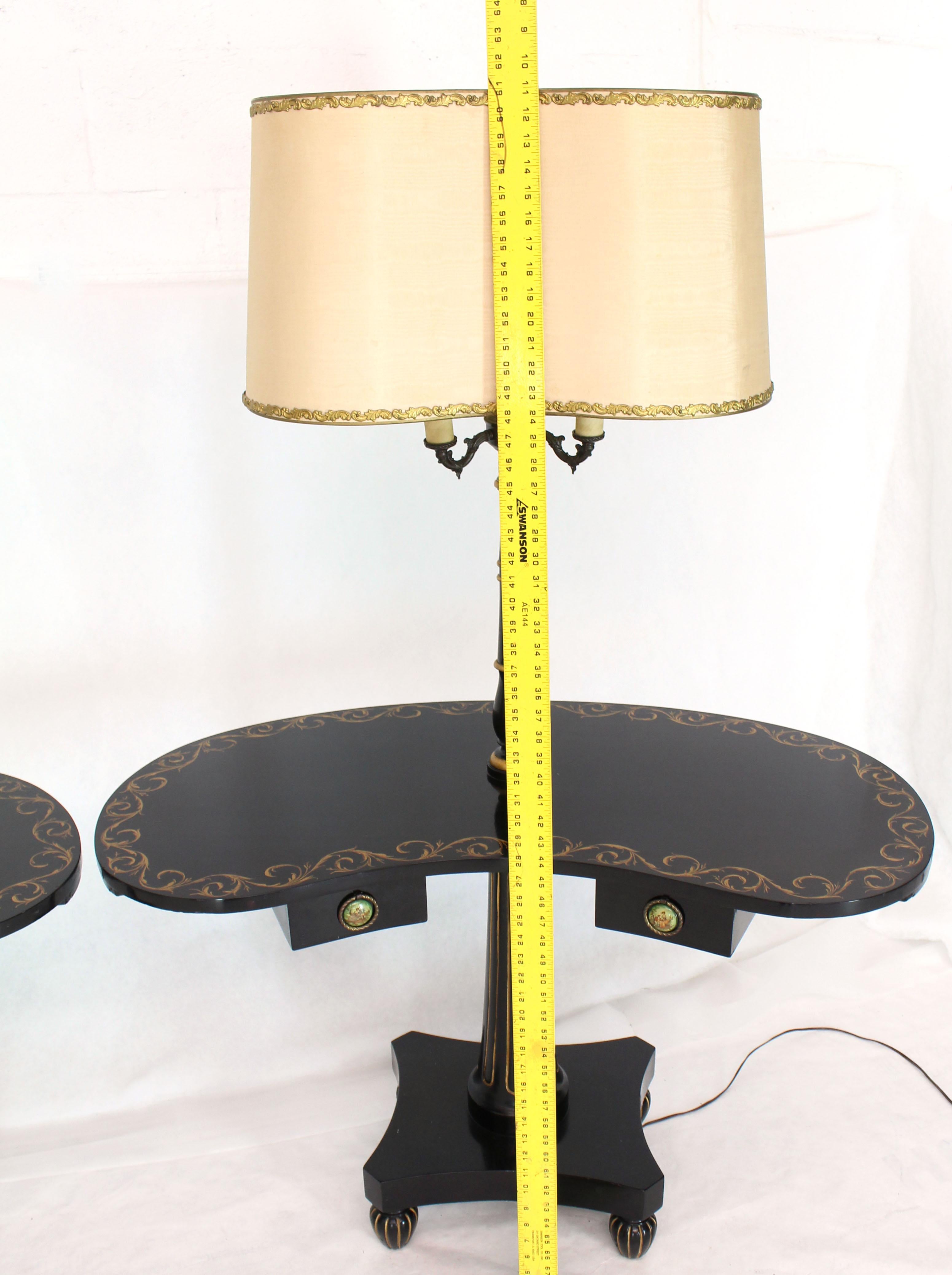 Pair of Black Lacquer Gold Decorated Kidney Shape Deco Floor Lamps Side Tables For Sale 6