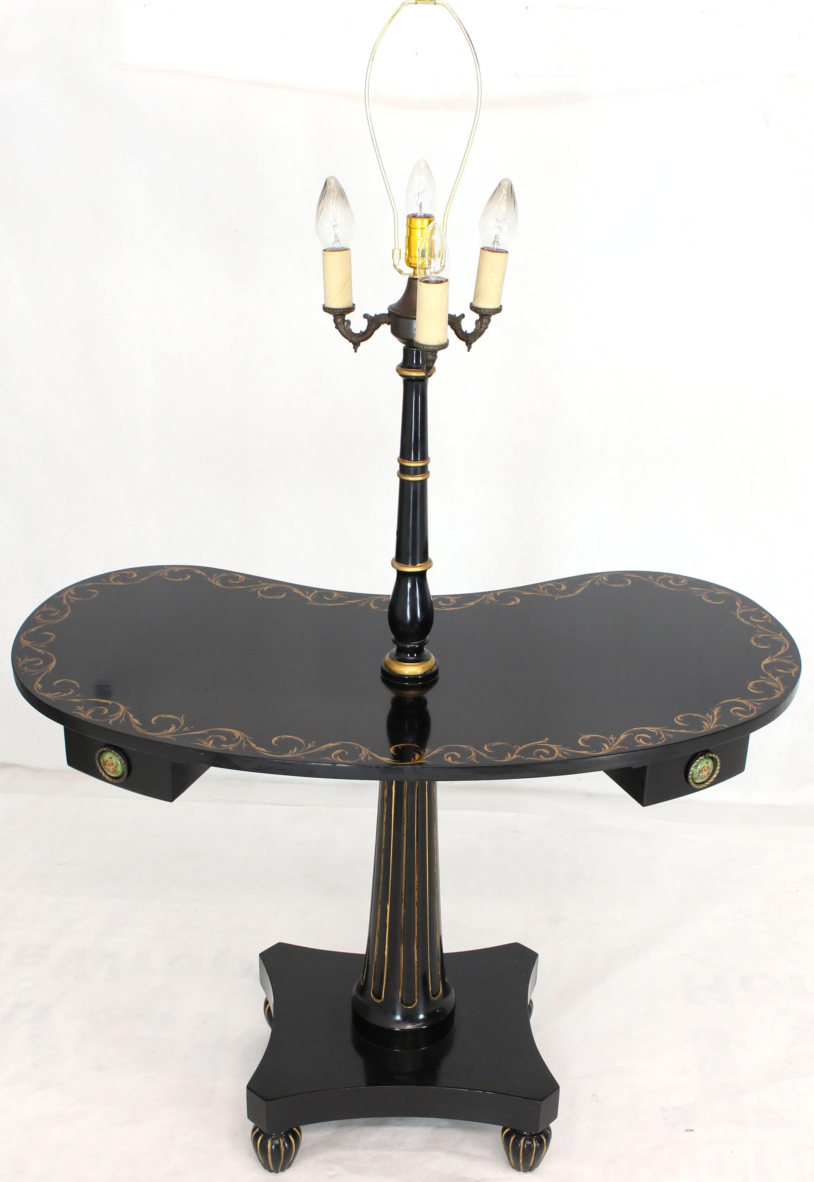 Pair of Black Lacquer Gold Decorated Kidney Shape Deco Floor Lamps Side Tables For Sale 10