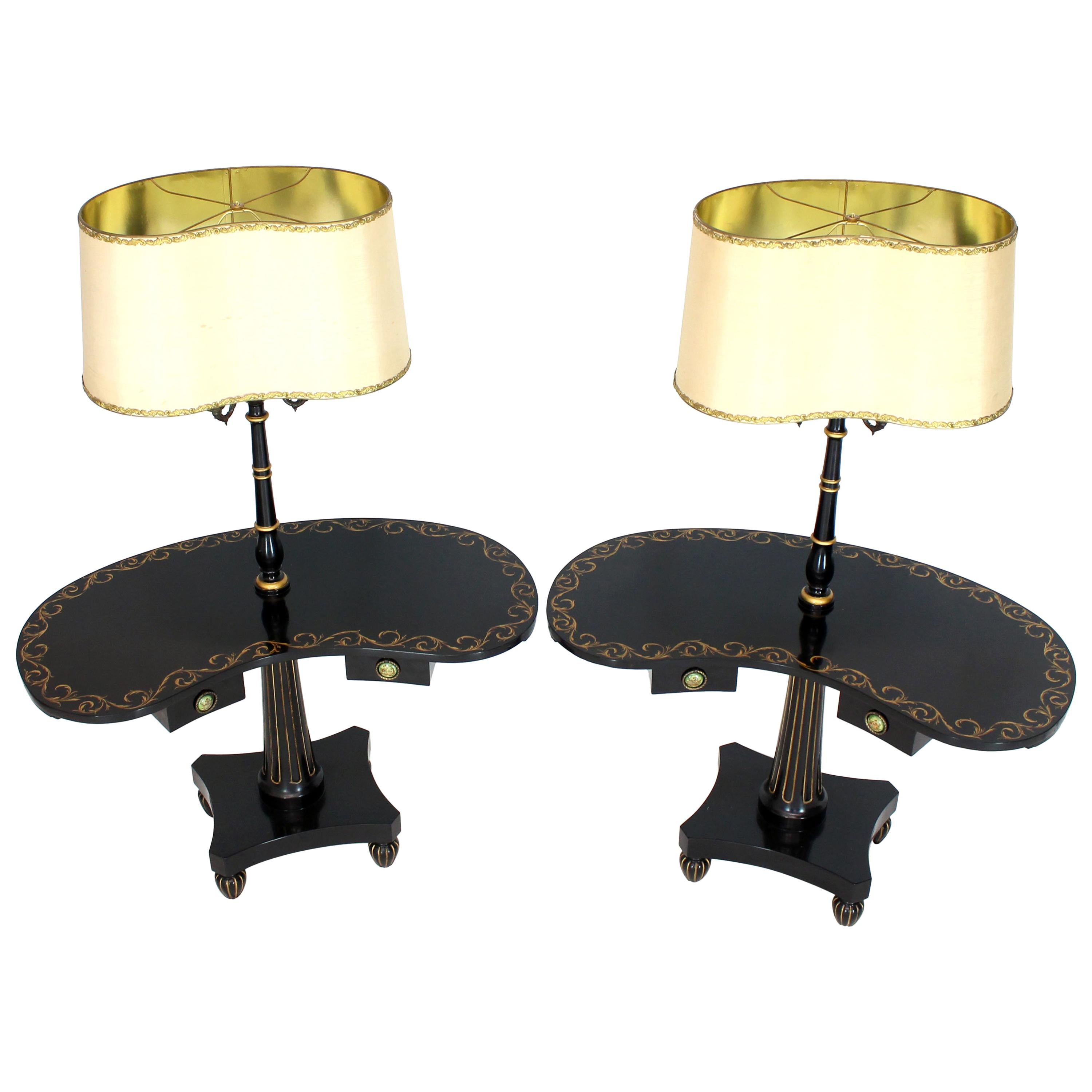 Pair of Black Lacquer Gold Decorated Kidney Shape Deco Floor Lamps Side Tables For Sale