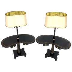 Used Pair of Black Lacquer Gold Decorated Kidney Shape Deco Floor Lamps Side Tables
