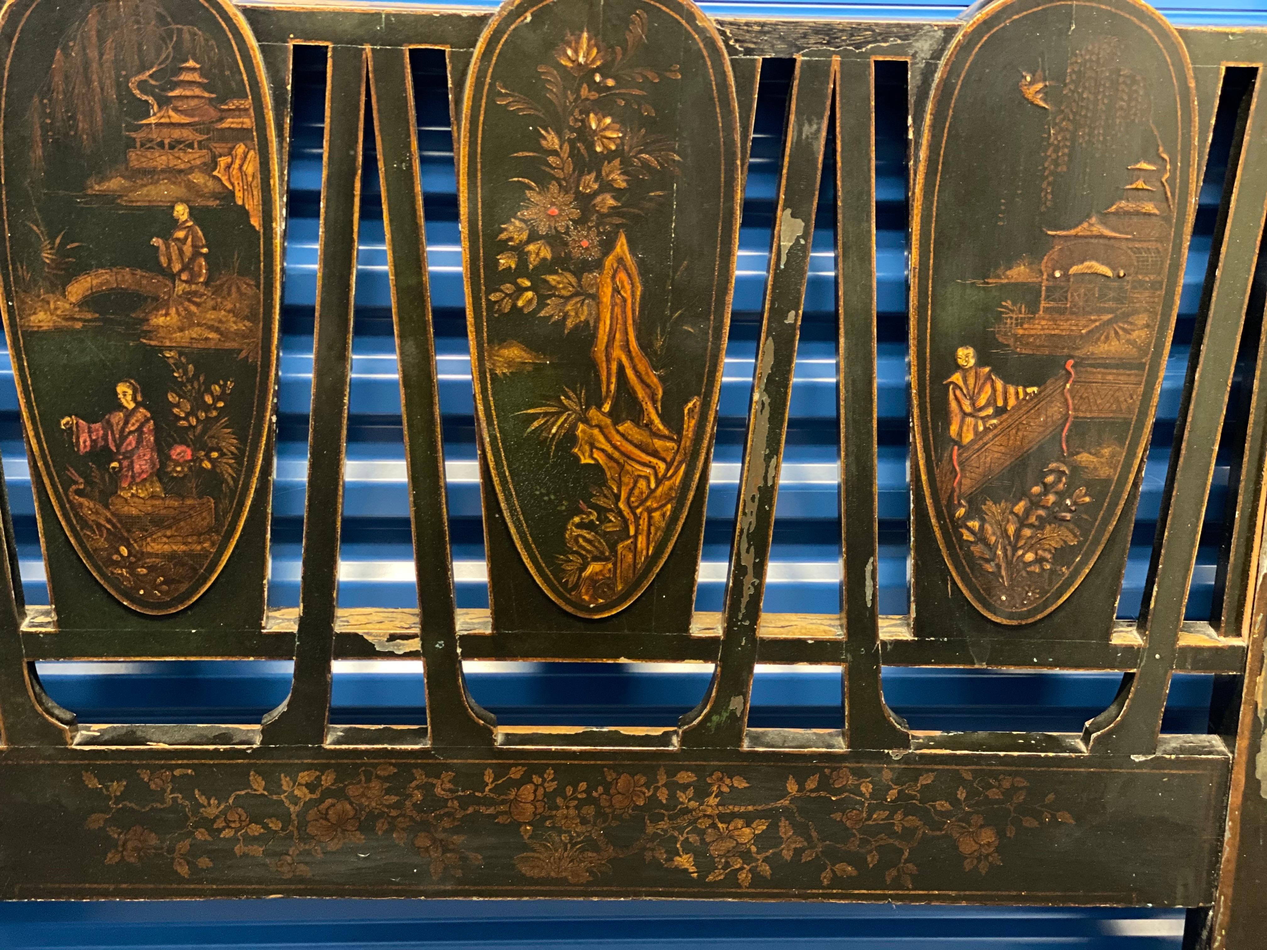 Pair of Black Lacquer Japanned with Chinoiserie Decoration Twin Headboards For Sale 4