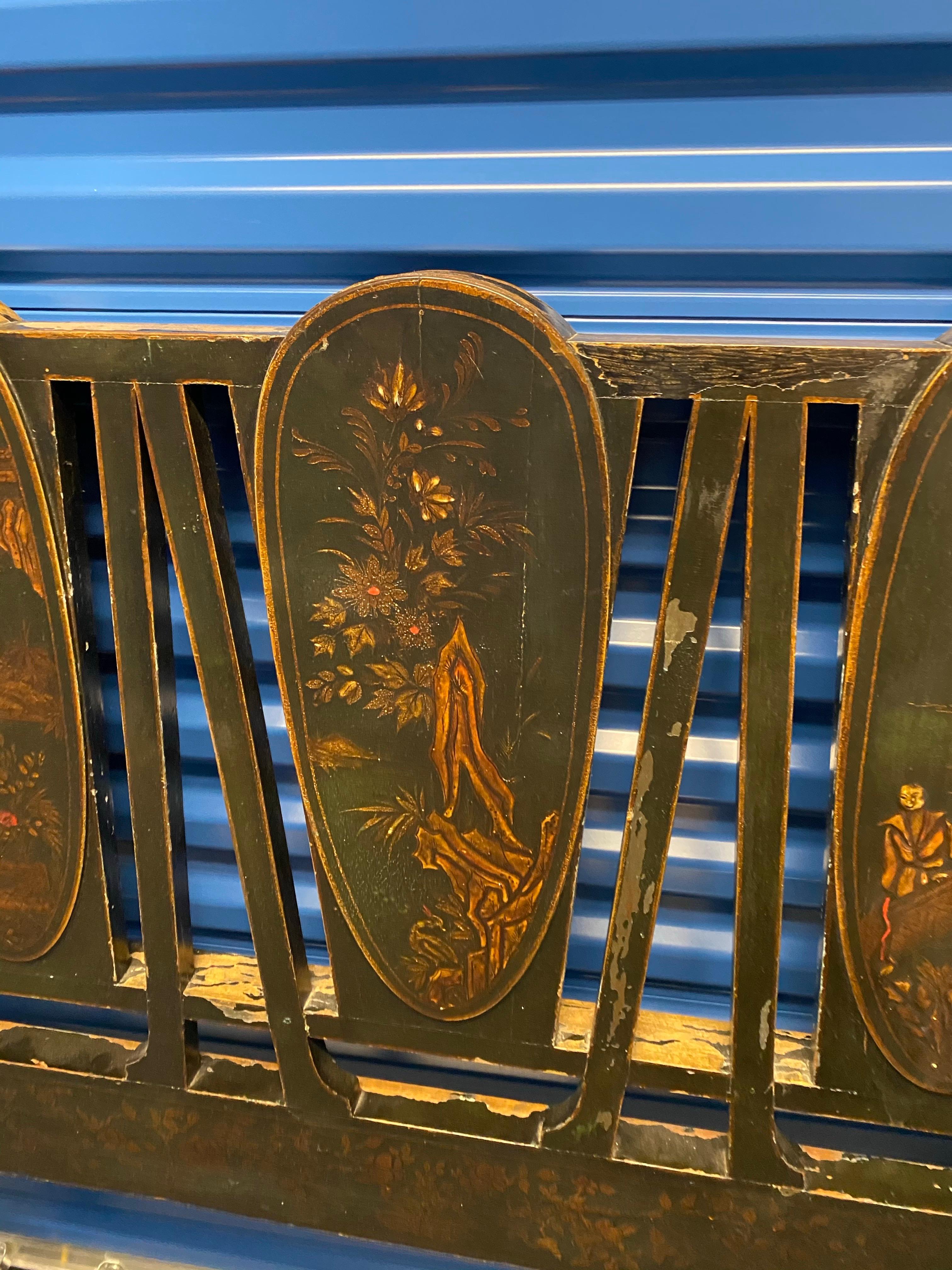 Pair of Black Lacquer Japanned with Chinoiserie Decoration Twin Headboards For Sale 6