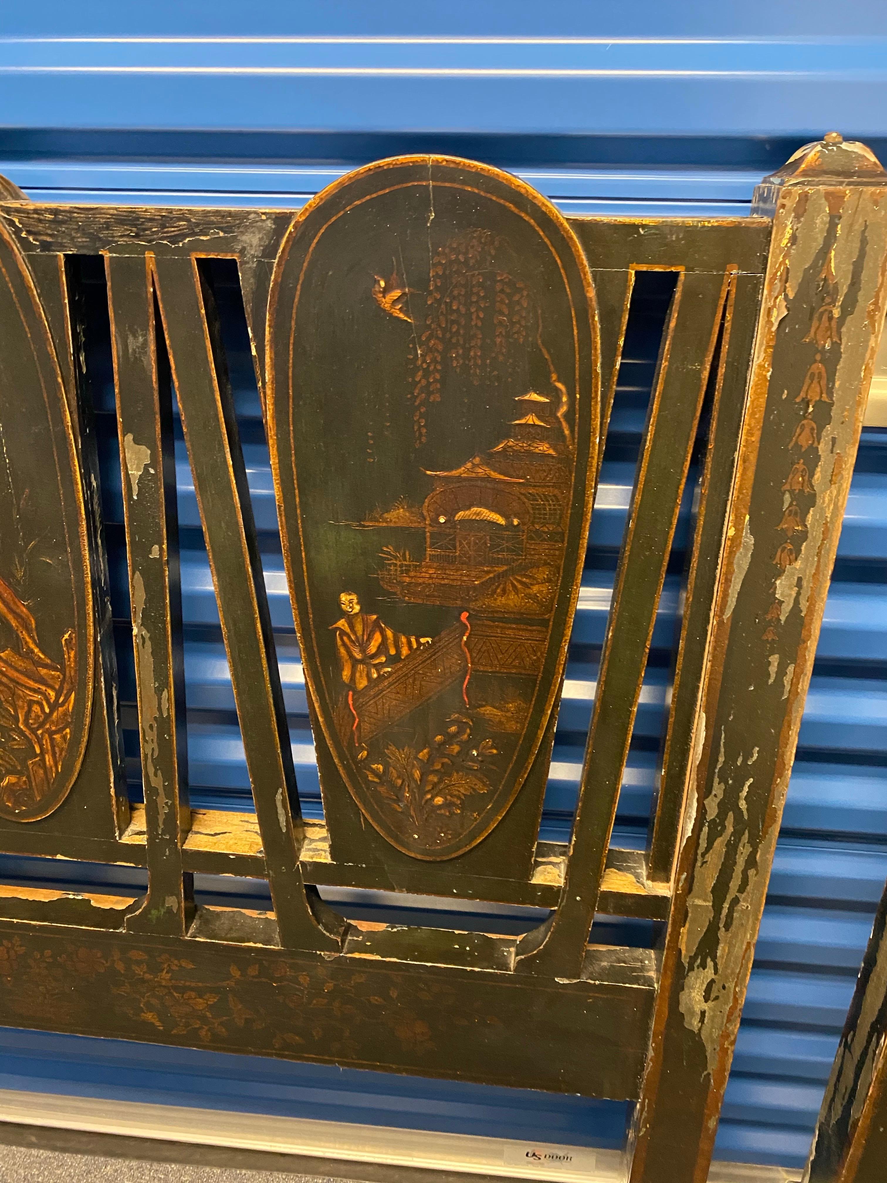 Pair of Black Lacquer Japanned with Chinoiserie Decoration Twin Headboards For Sale 7