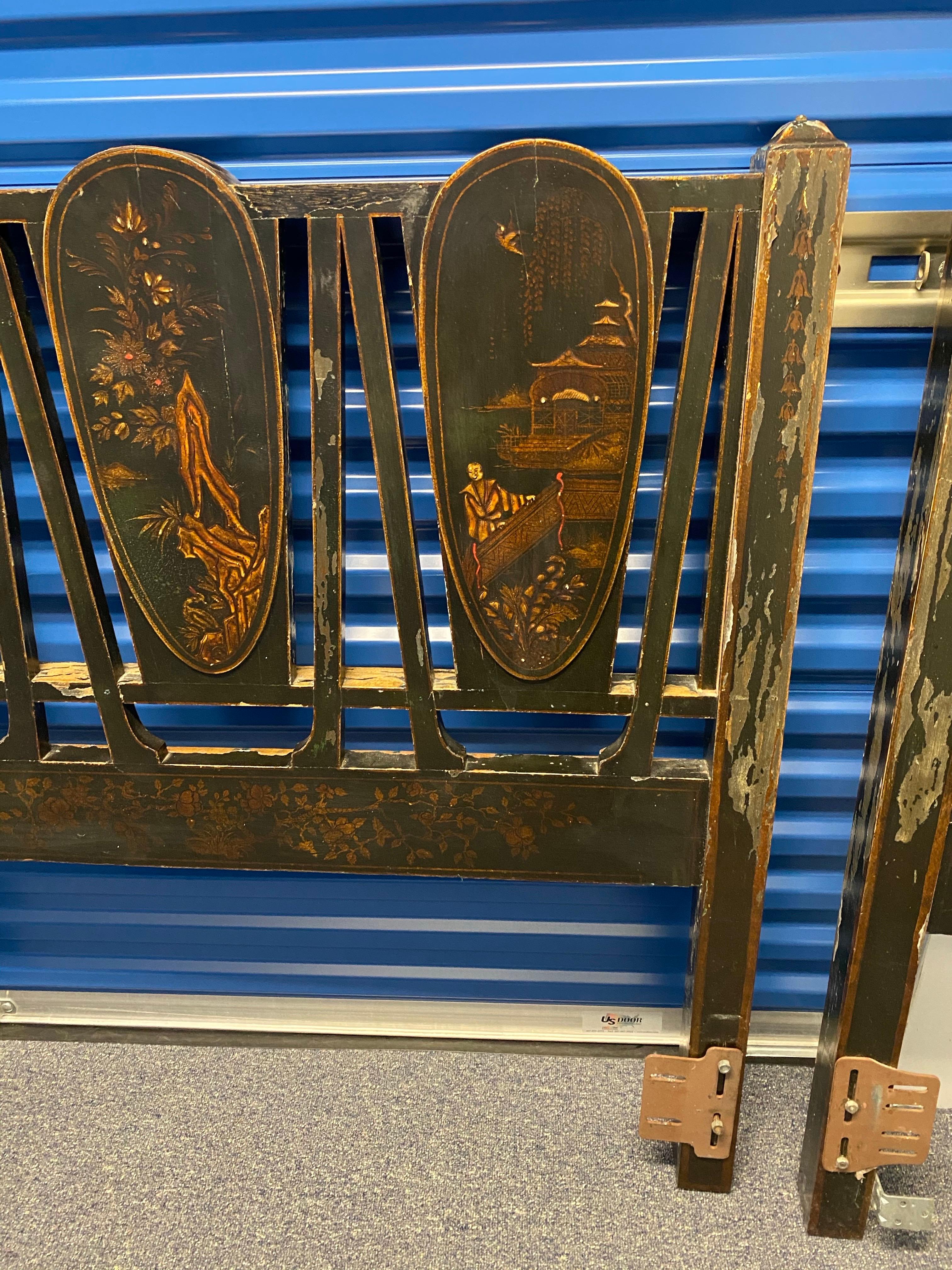 Pair of Black Lacquer Japanned with Chinoiserie Decoration Twin Headboards For Sale 8