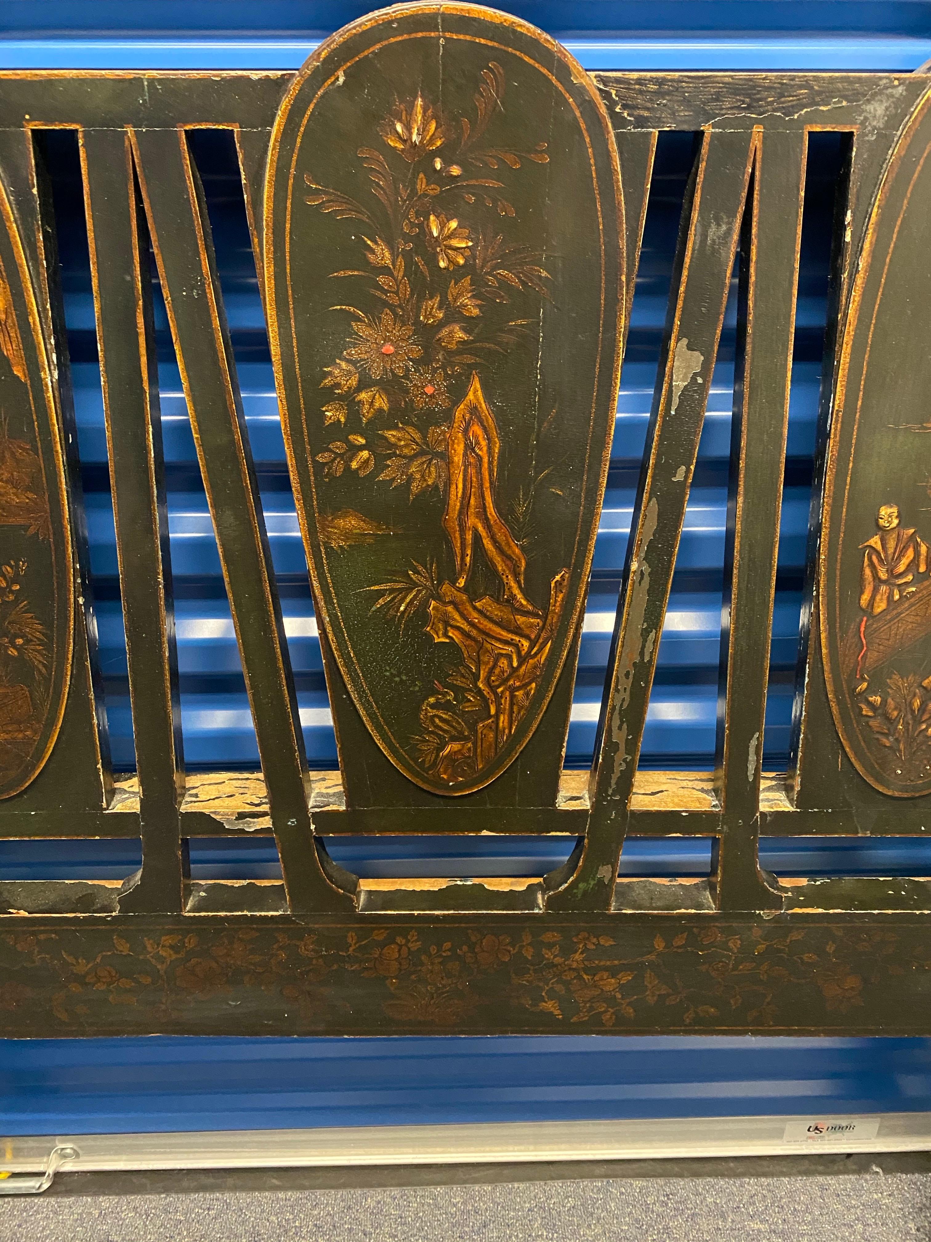 Pair of Black Lacquer Japanned with Chinoiserie Decoration Twin Headboards For Sale 9