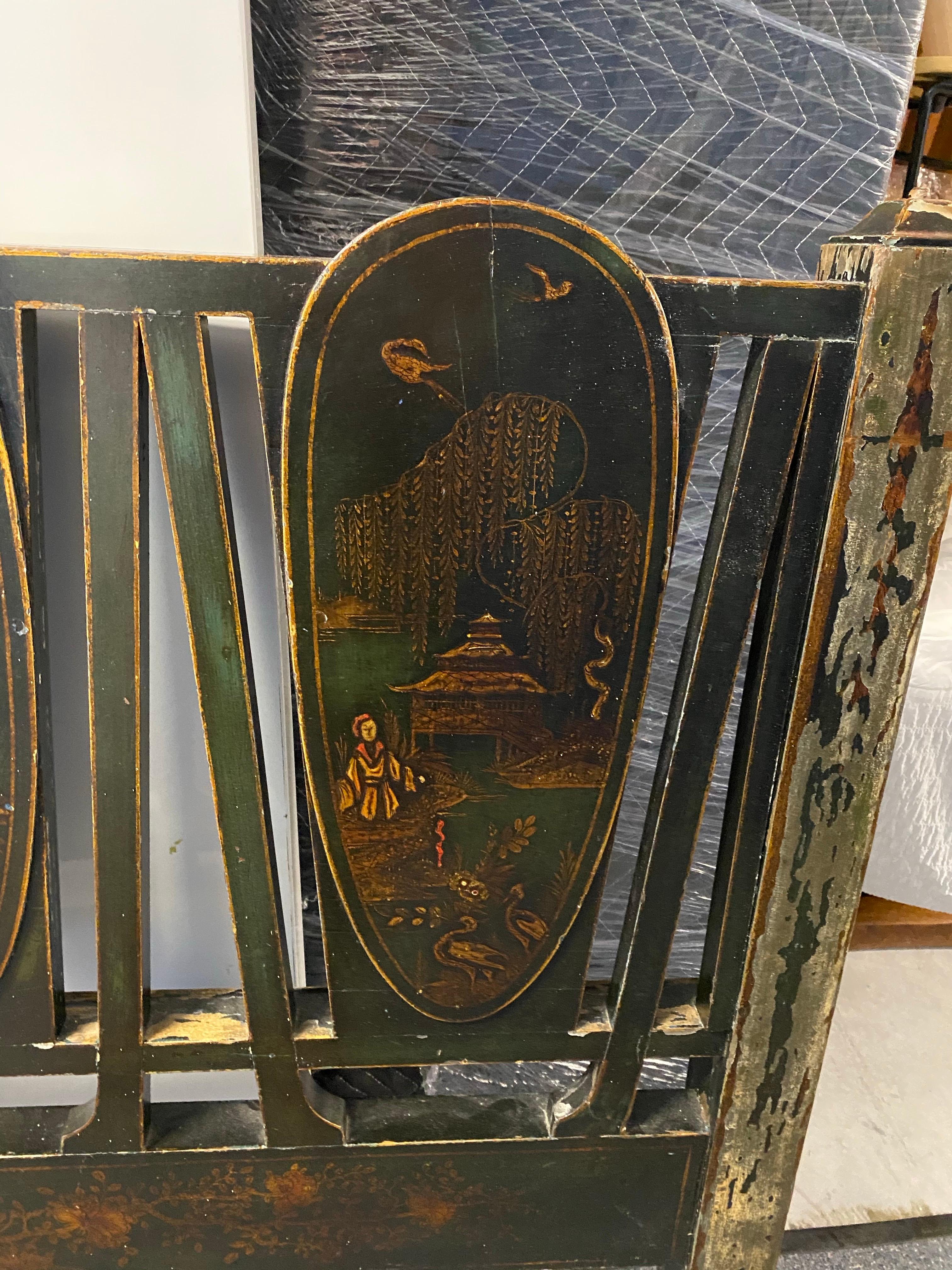 Pair of Black Lacquer Japanned with Chinoiserie Decoration Twin Headboards For Sale 12