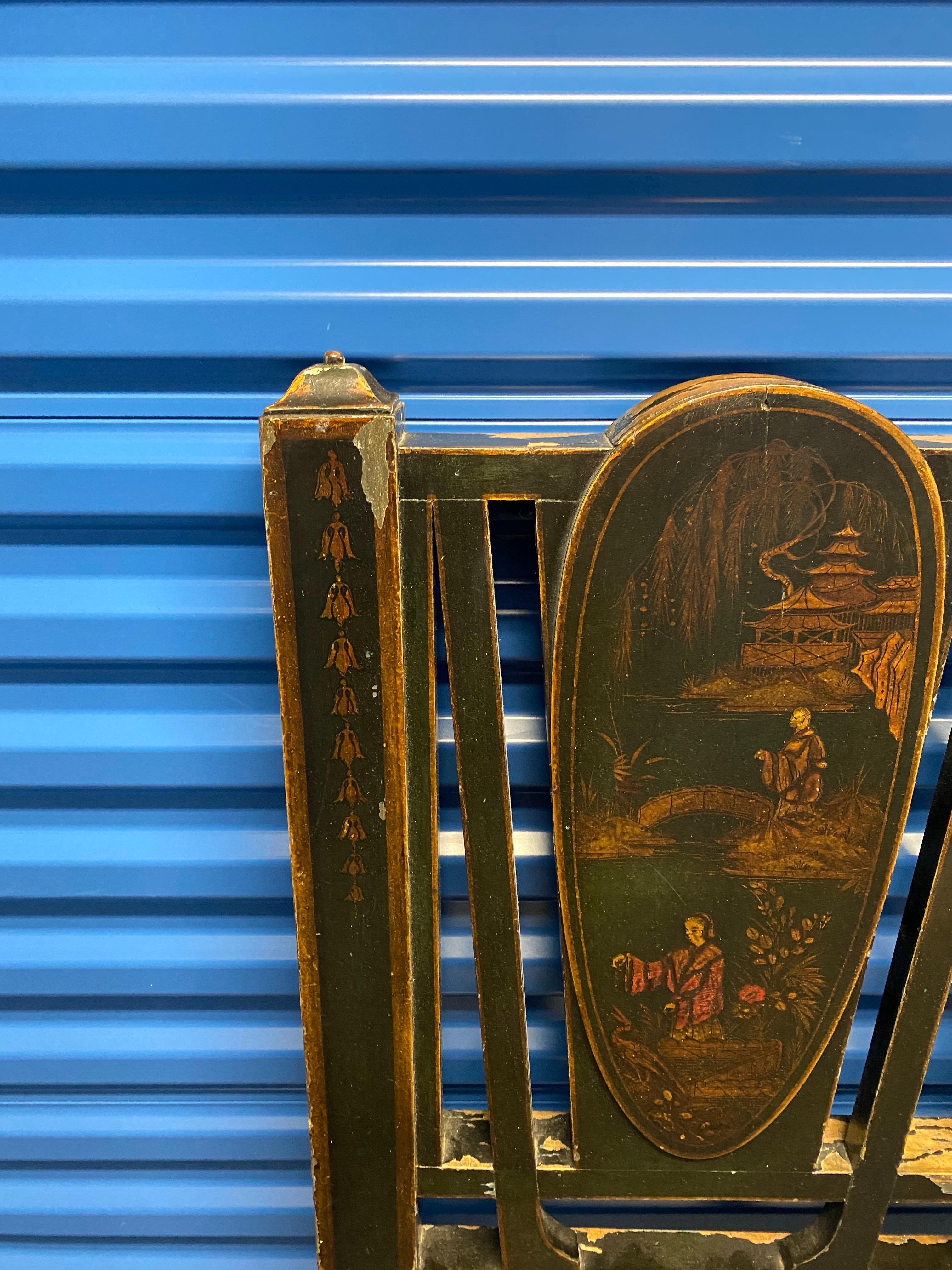 Pair of Black Lacquer Japanned with Chinoiserie Decoration Twin Headboards For Sale 13