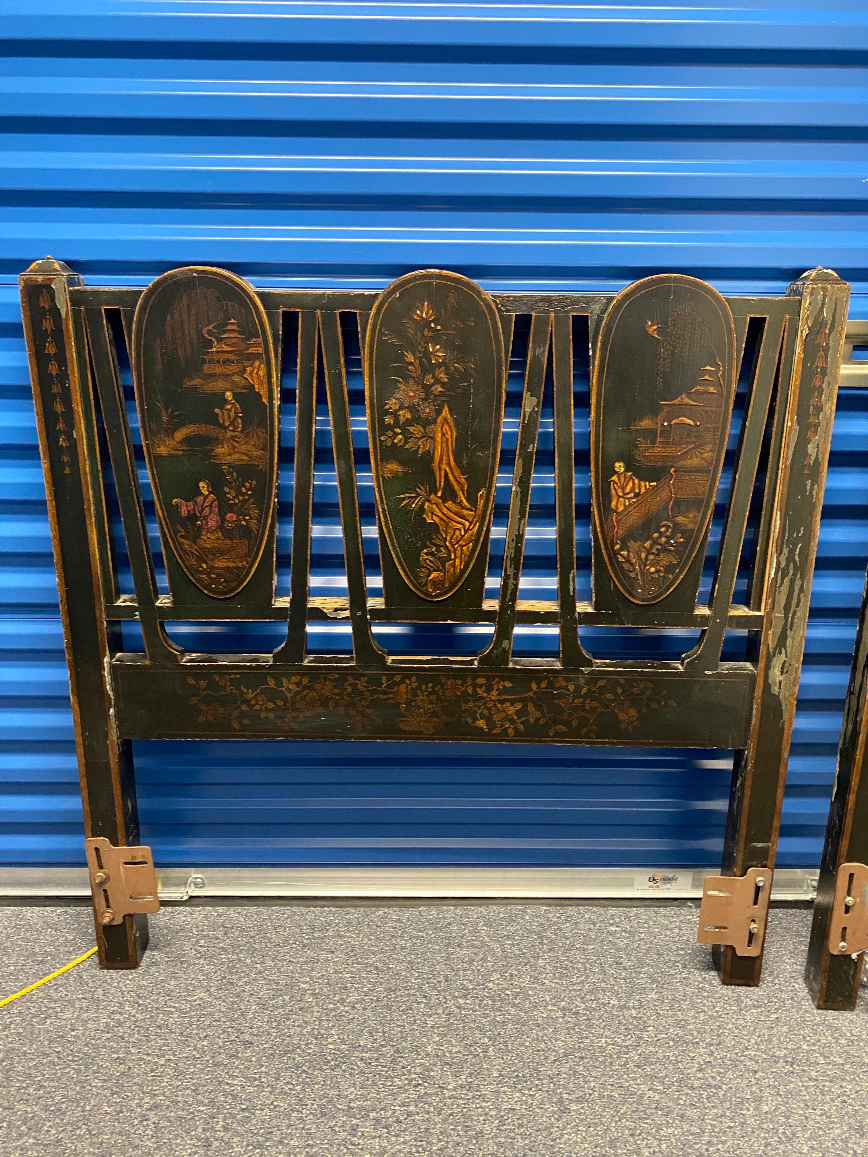 Unknown Pair of Black Lacquer Japanned with Chinoiserie Decoration Twin Headboards For Sale