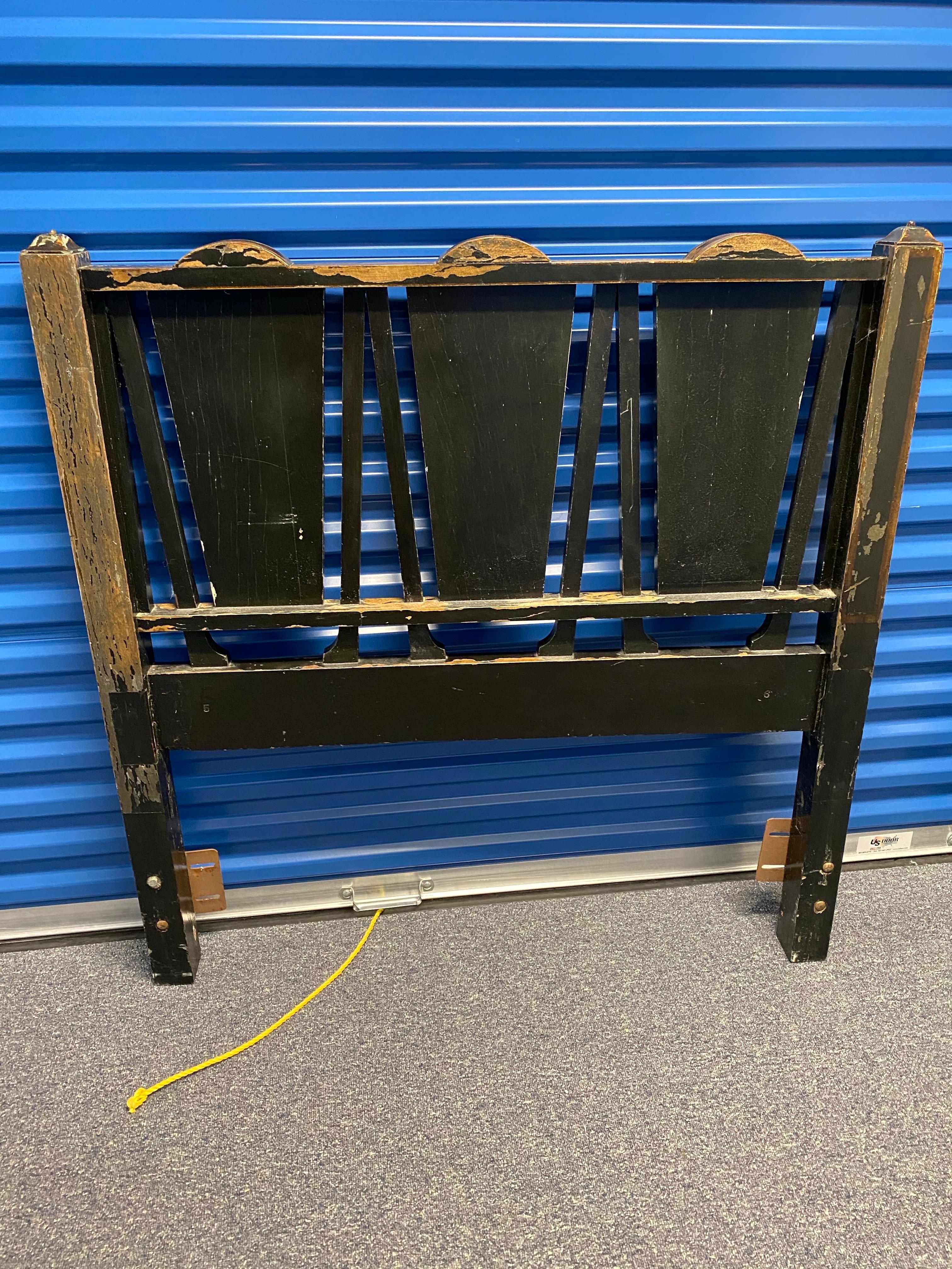 Pair of Black Lacquer Japanned with Chinoiserie Decoration Twin Headboards In Fair Condition For Sale In Southampton, NY