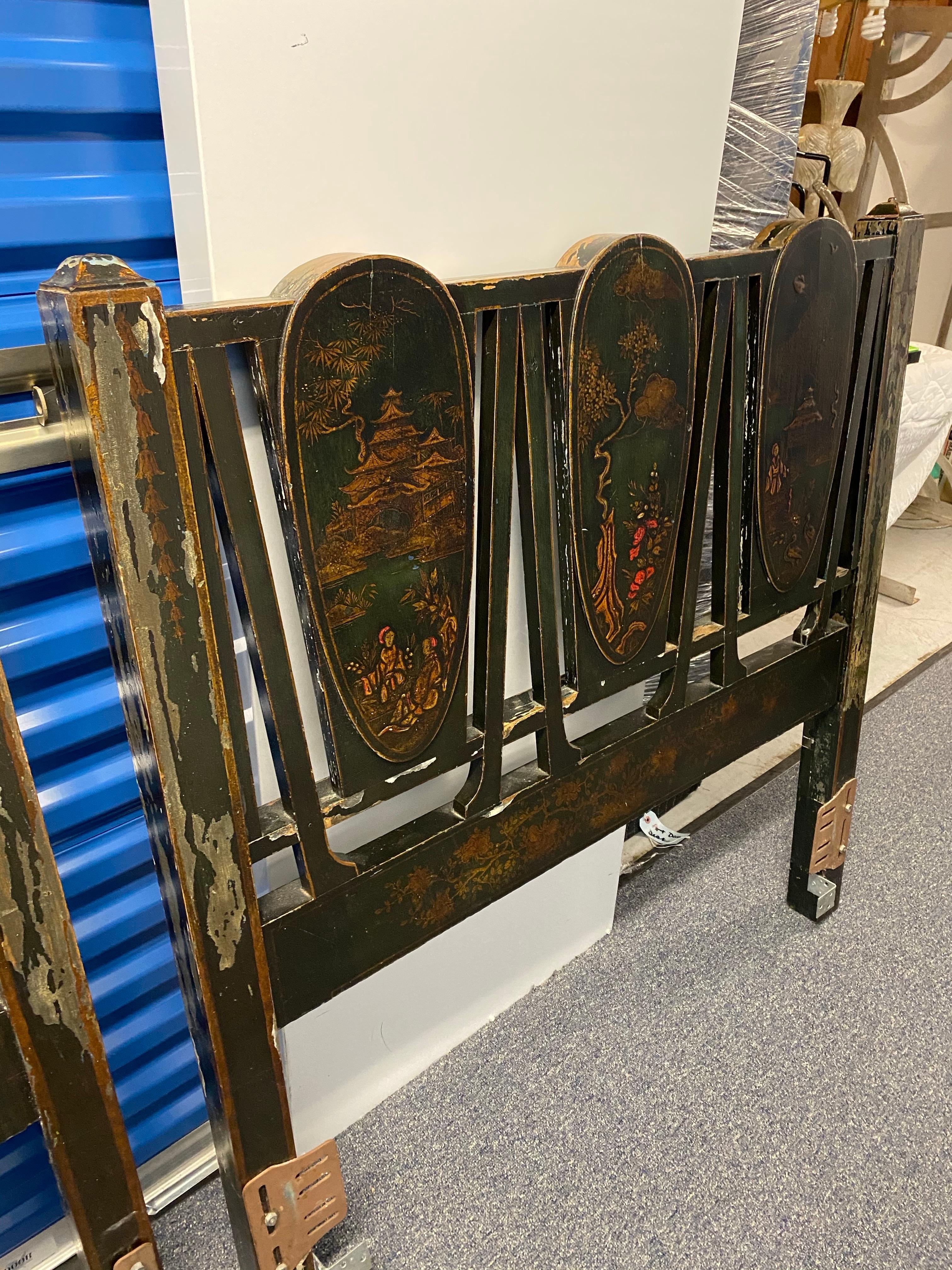 Wood Pair of Black Lacquer Japanned with Chinoiserie Decoration Twin Headboards For Sale